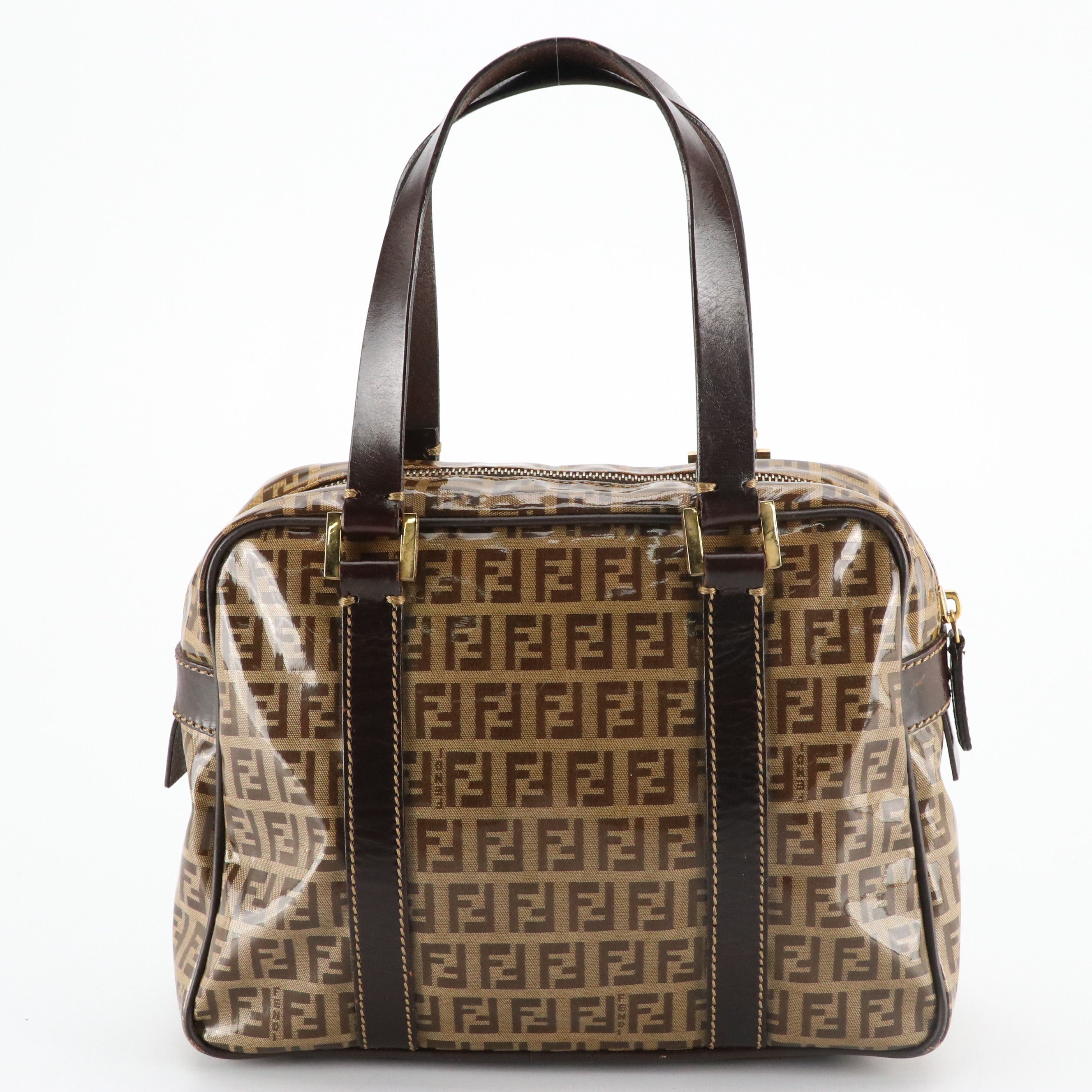 Fendi Handbag in Vinyl Coated Zucchino Canvas with Leather Trim