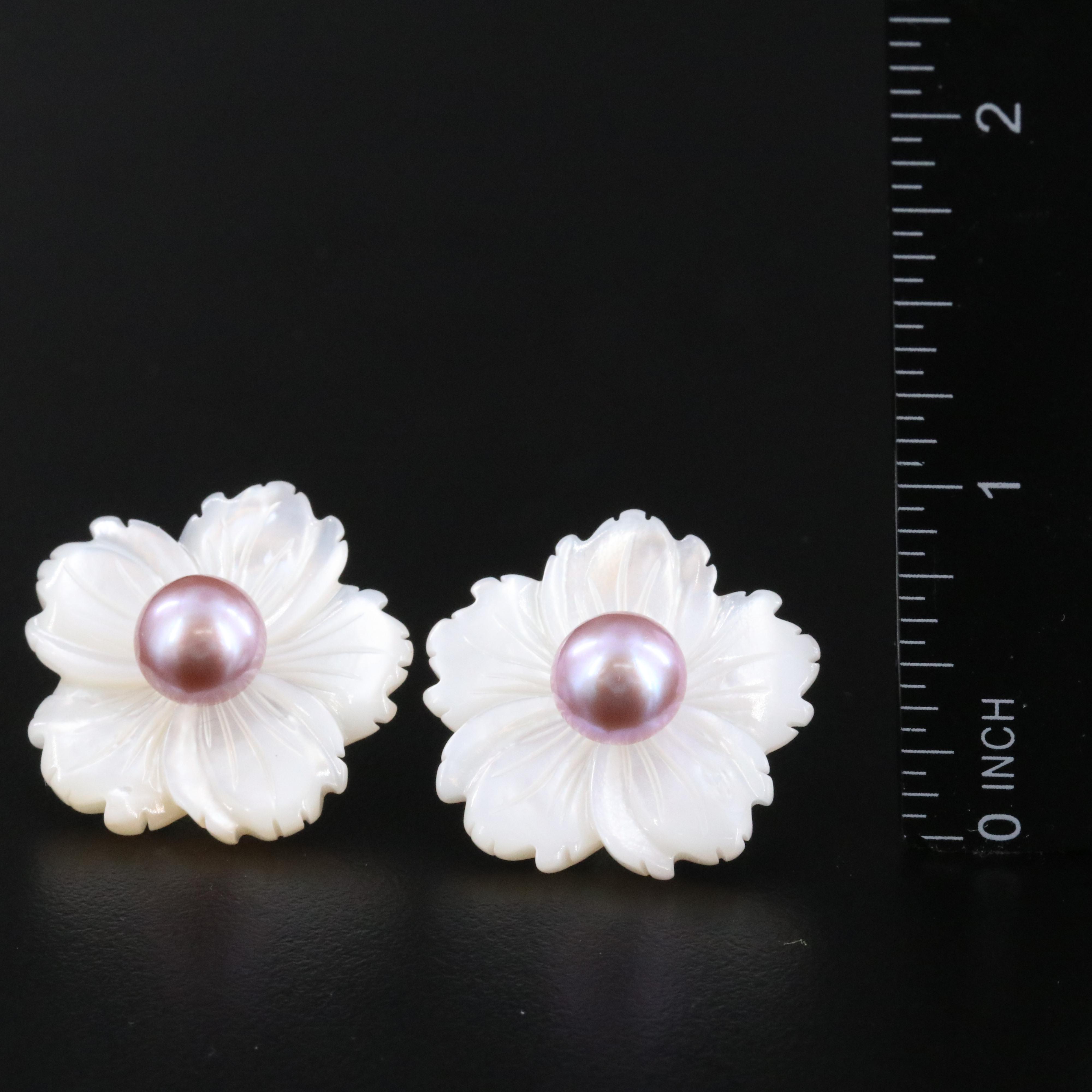 18K Pearl Stud Earrings with Carved Mother-of-Pearl Earring Enhancers