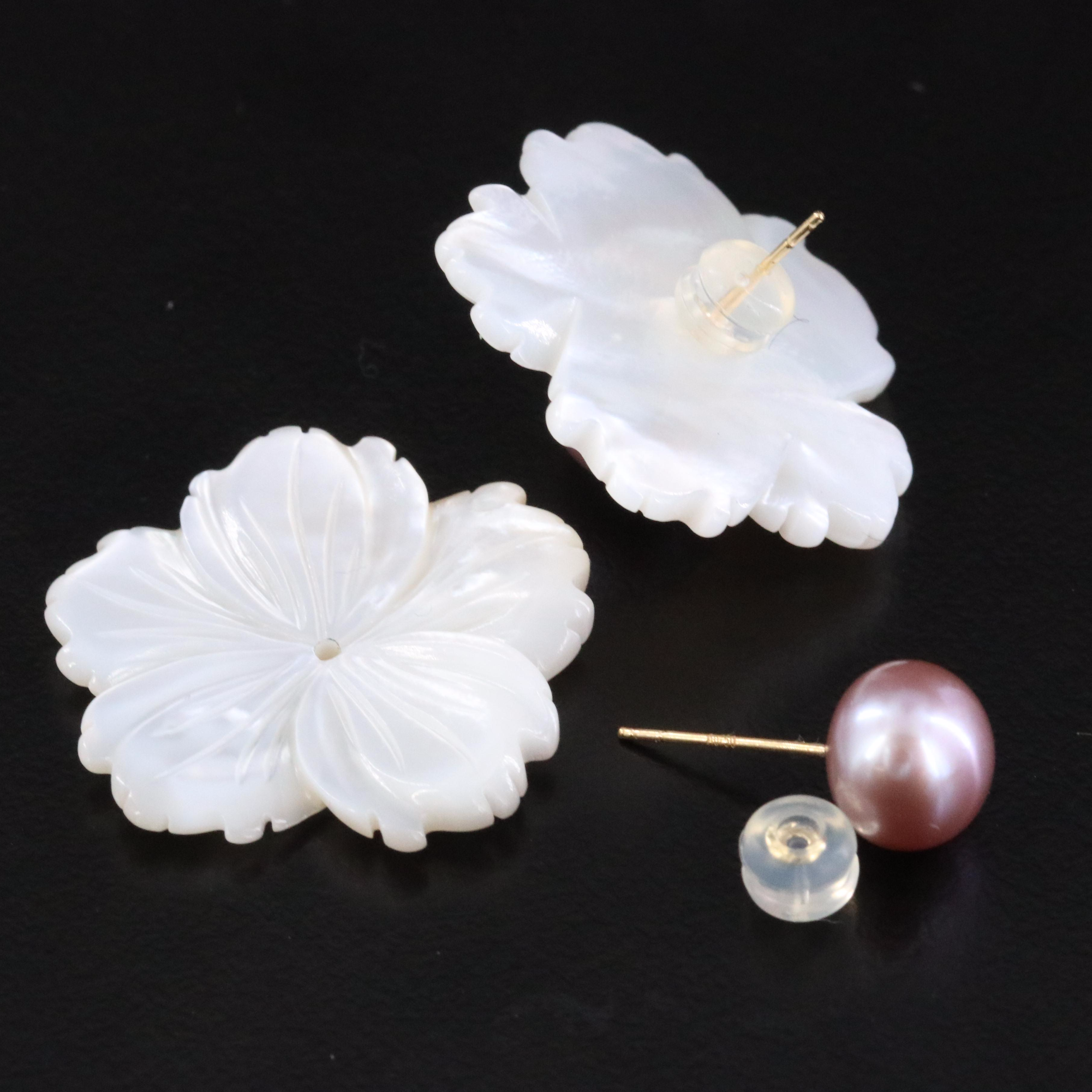 18K Pearl Stud Earrings with Carved Mother-of-Pearl Earring Enhancers