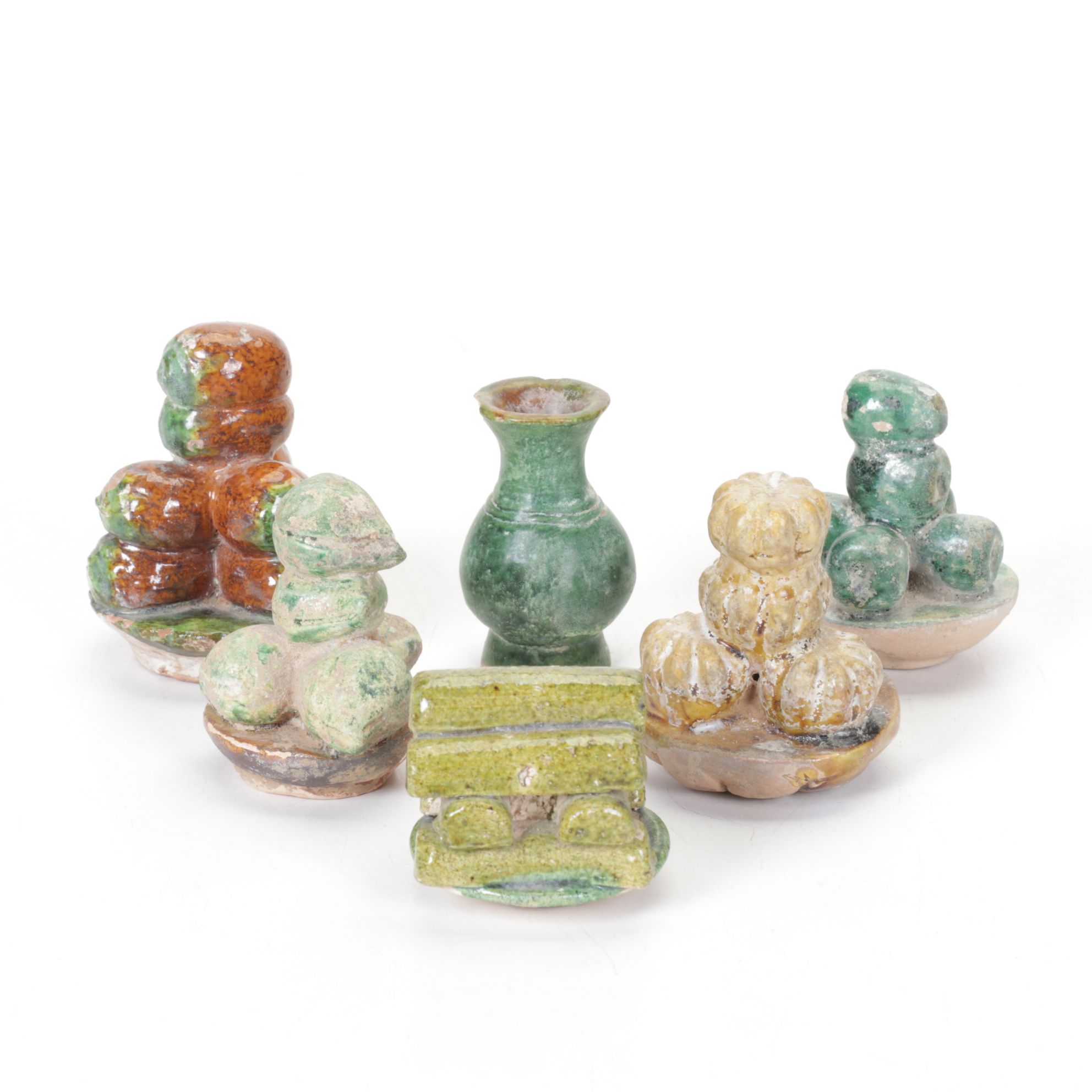 Ming Dynasty Lead Glazed Pottery Set of Fruits, Cake, and a Vase, 1368-1643