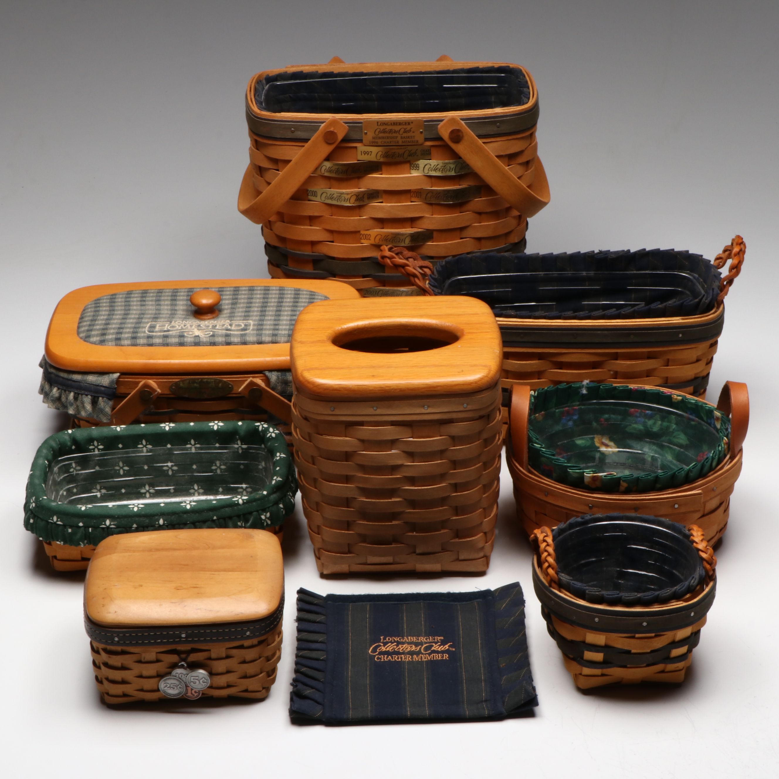 Longaberger Woven Baskets and Tissue Box Cover, Late 20th Century