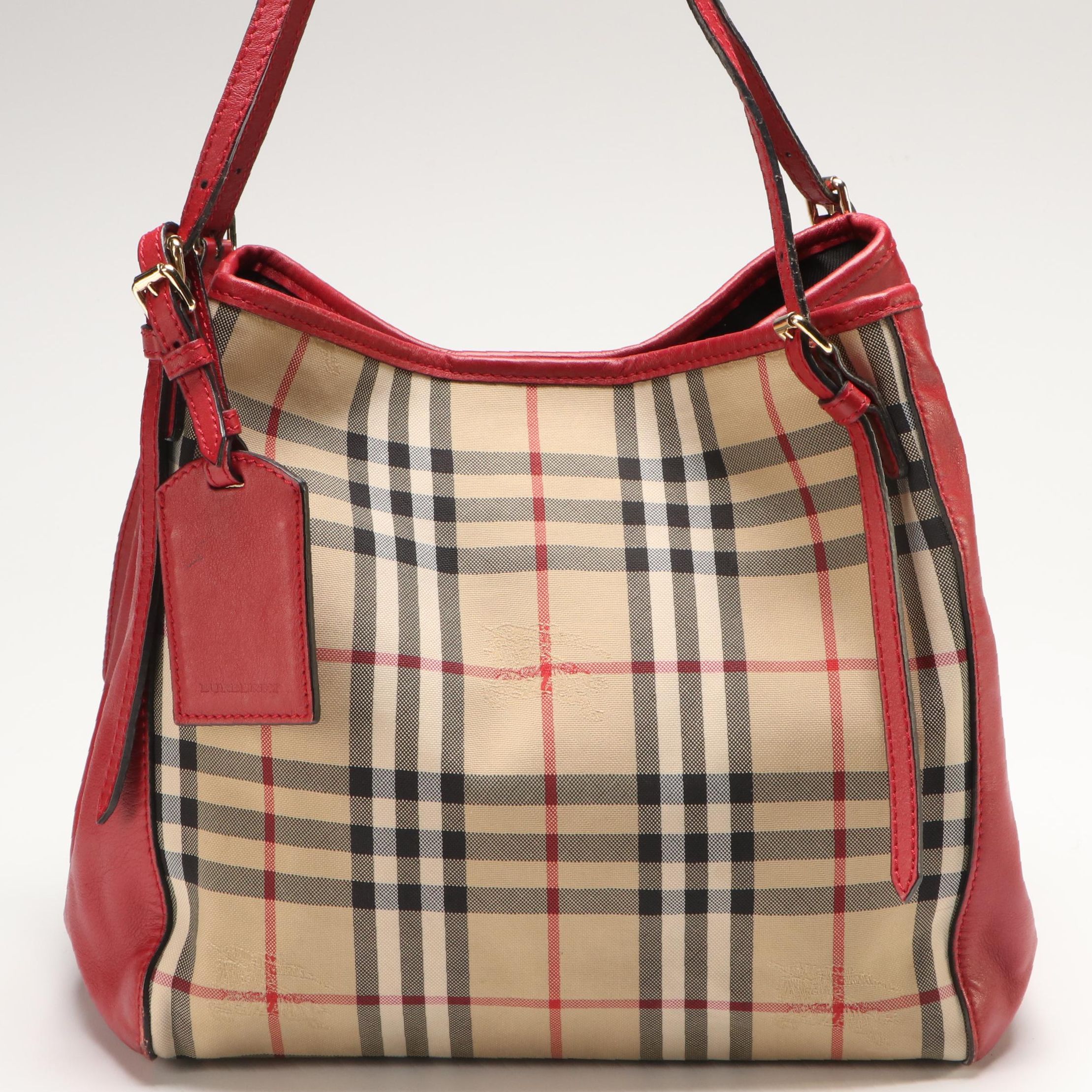 Burberry Horseferry Coated Canvas and Red Leather Totebag