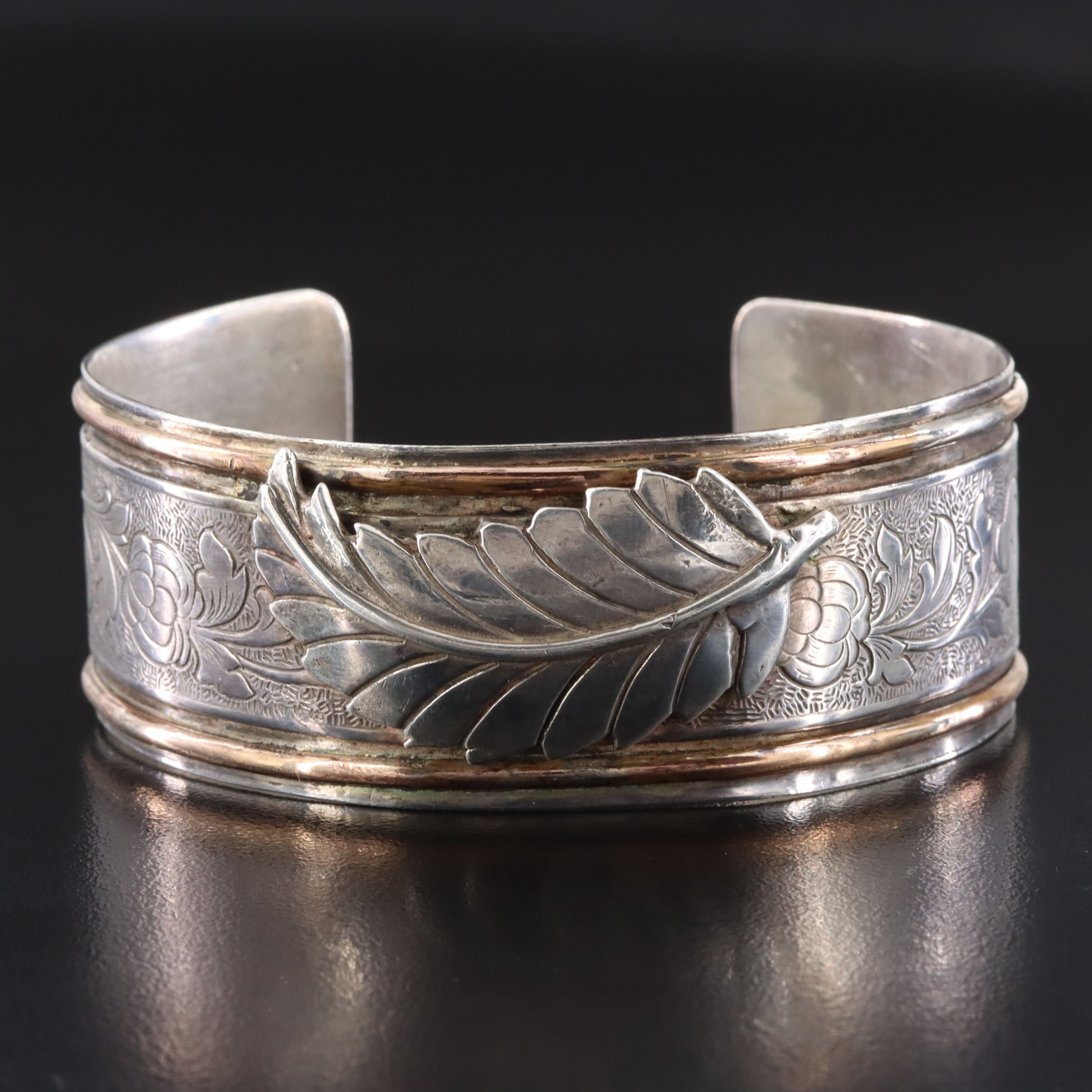 Signed Sterling Floral and Feather Cuff Bracelet