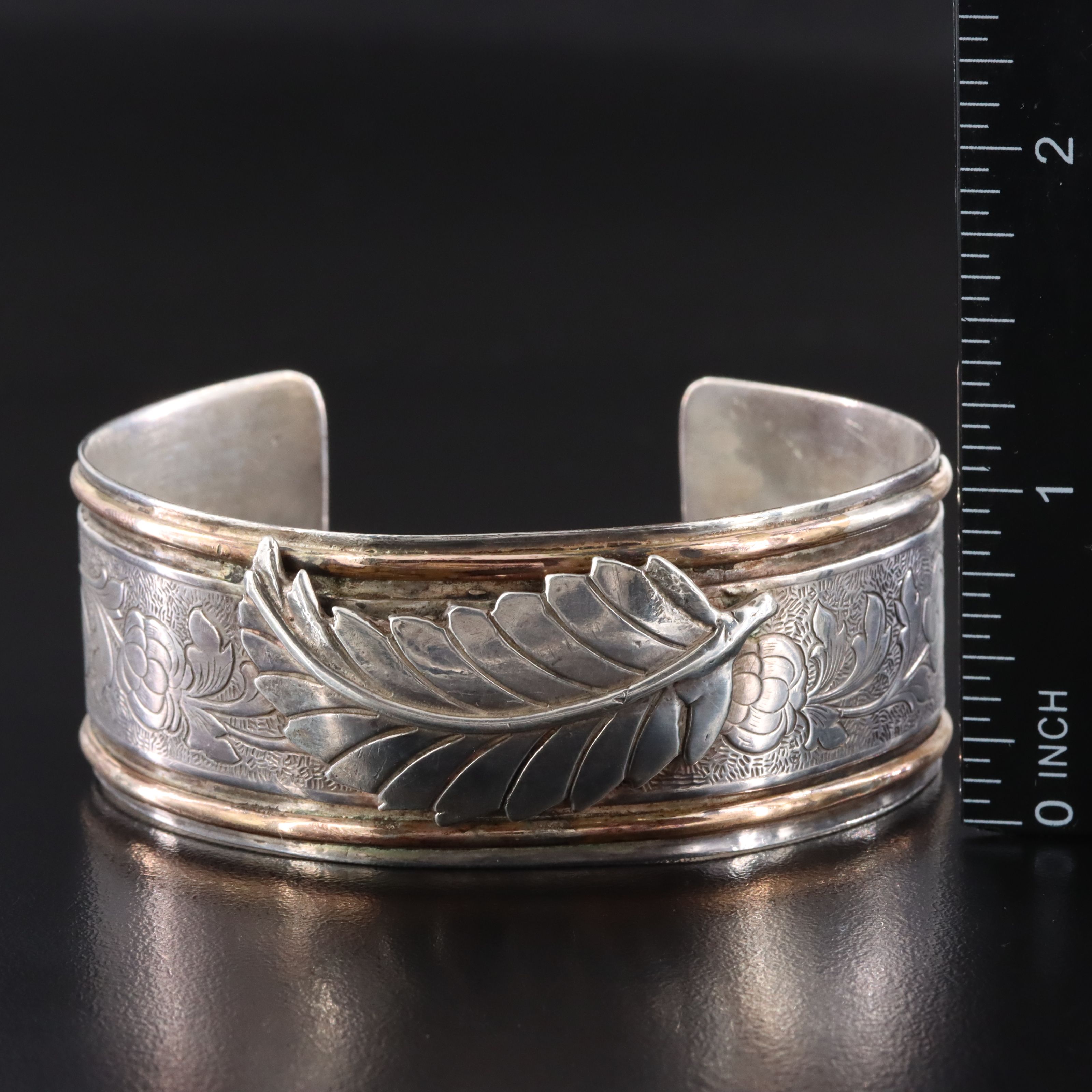 Signed Sterling Floral and Feather Cuff Bracelet