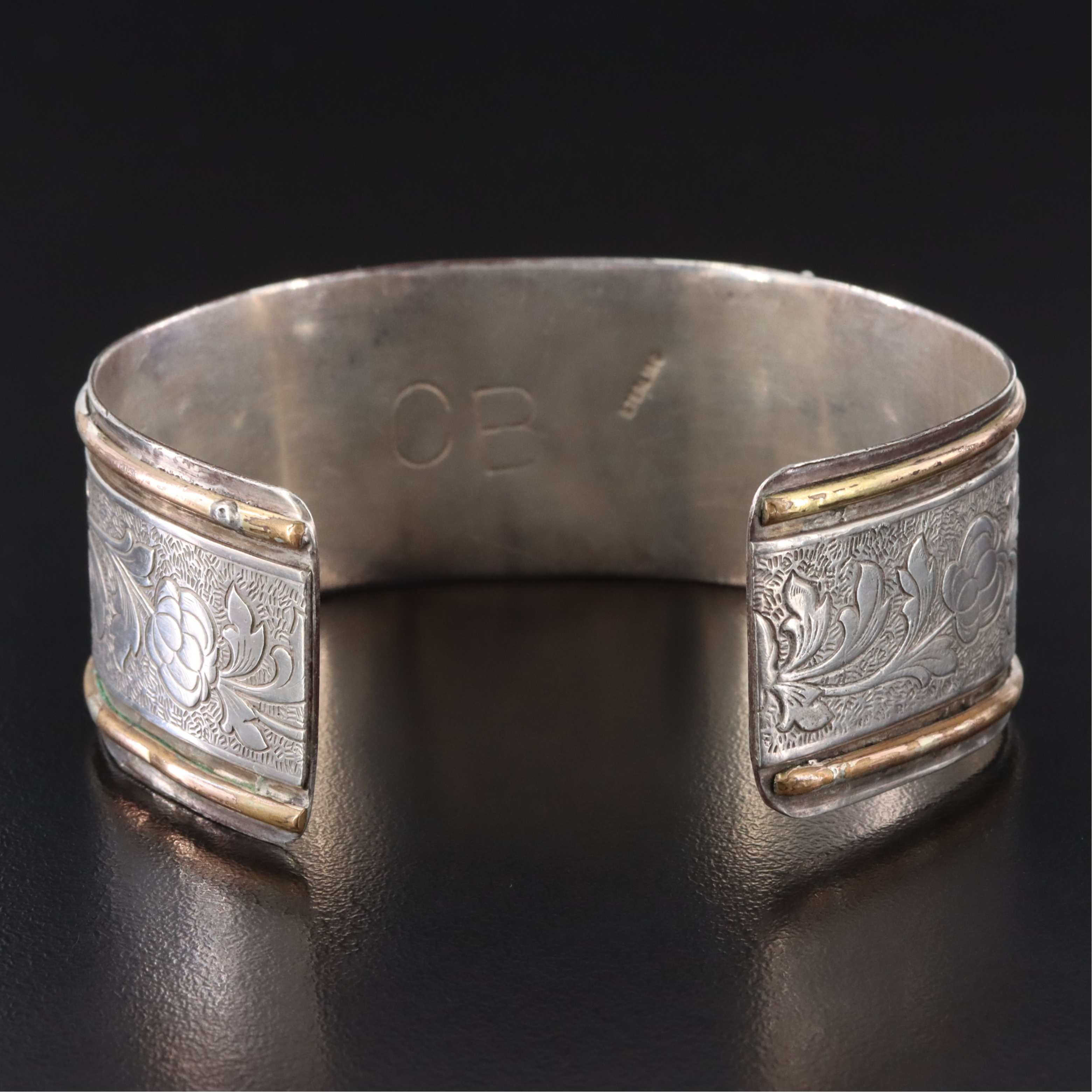 Signed Sterling Floral and Feather Cuff Bracelet