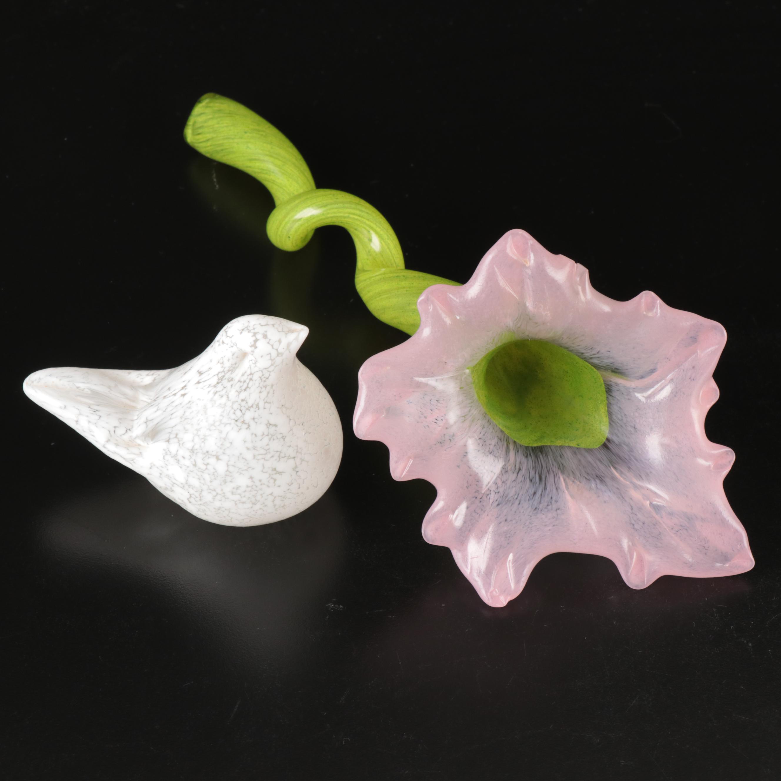 Crate & Barrel Speckled Glass Bird Paperweight and Studio Glass Flower