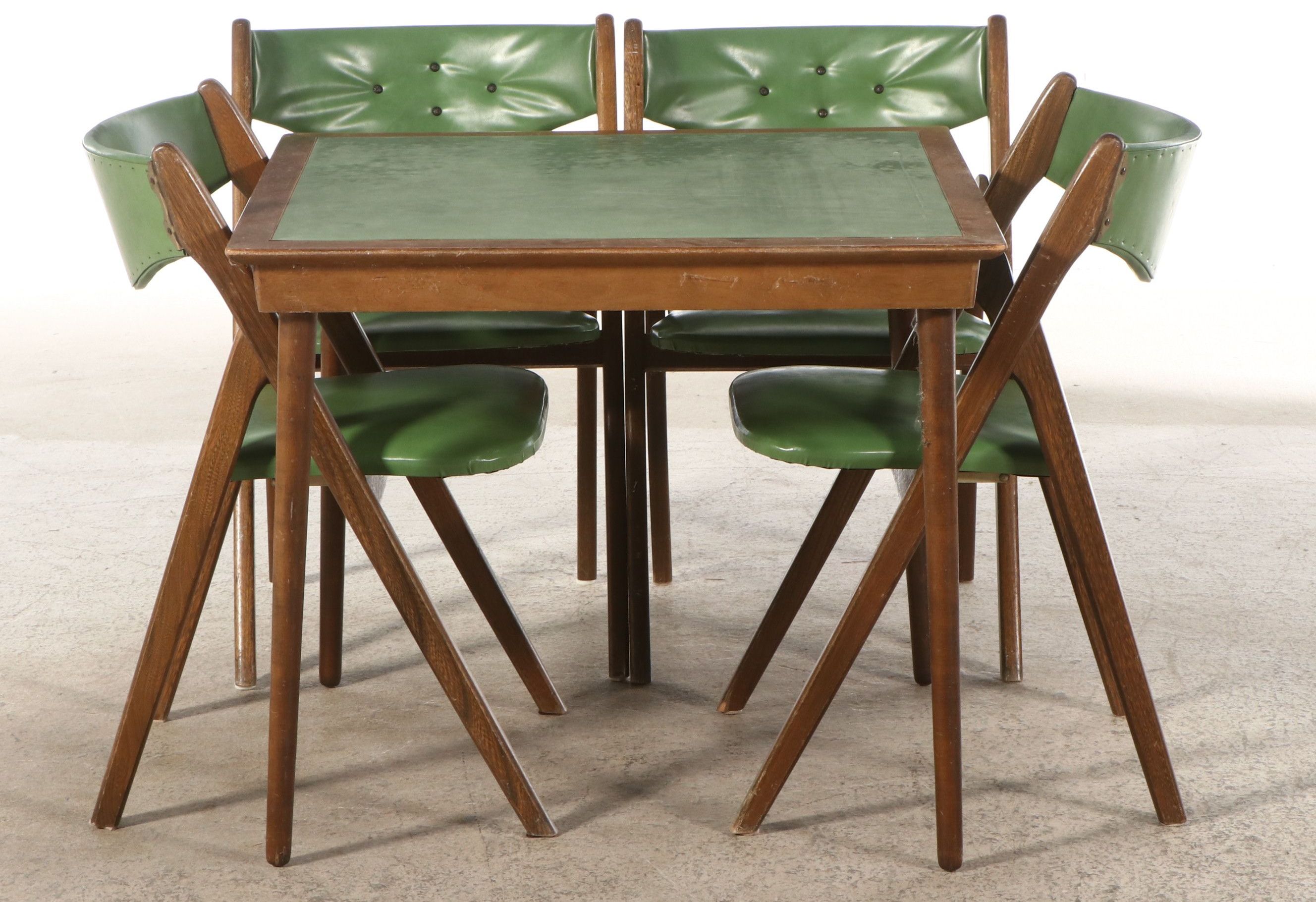 MCM Folding Games Table with Norquist Chairs and Green Vinyl Upholstery