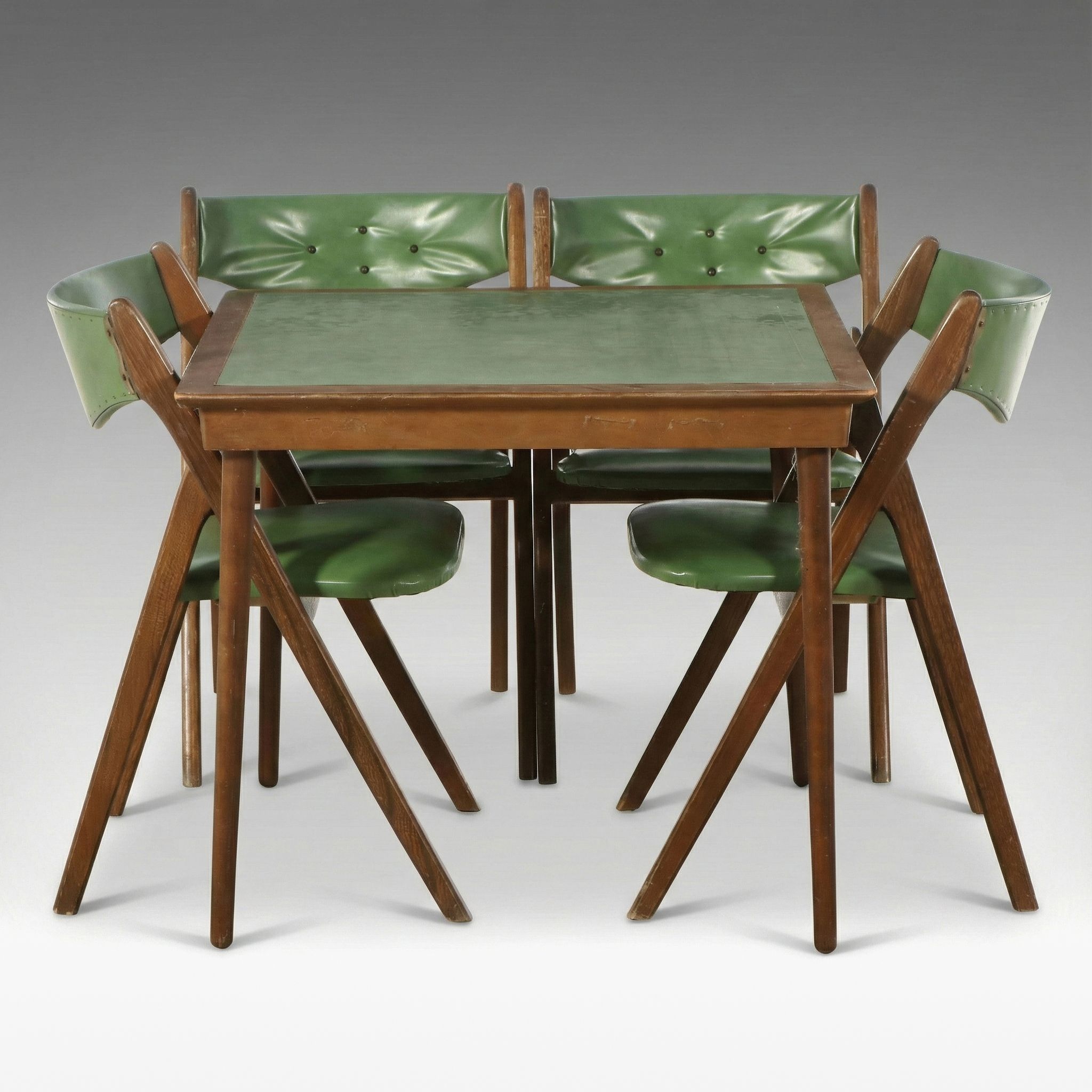 MCM Folding Games Table with Norquist Chairs and Green Vinyl Upholstery