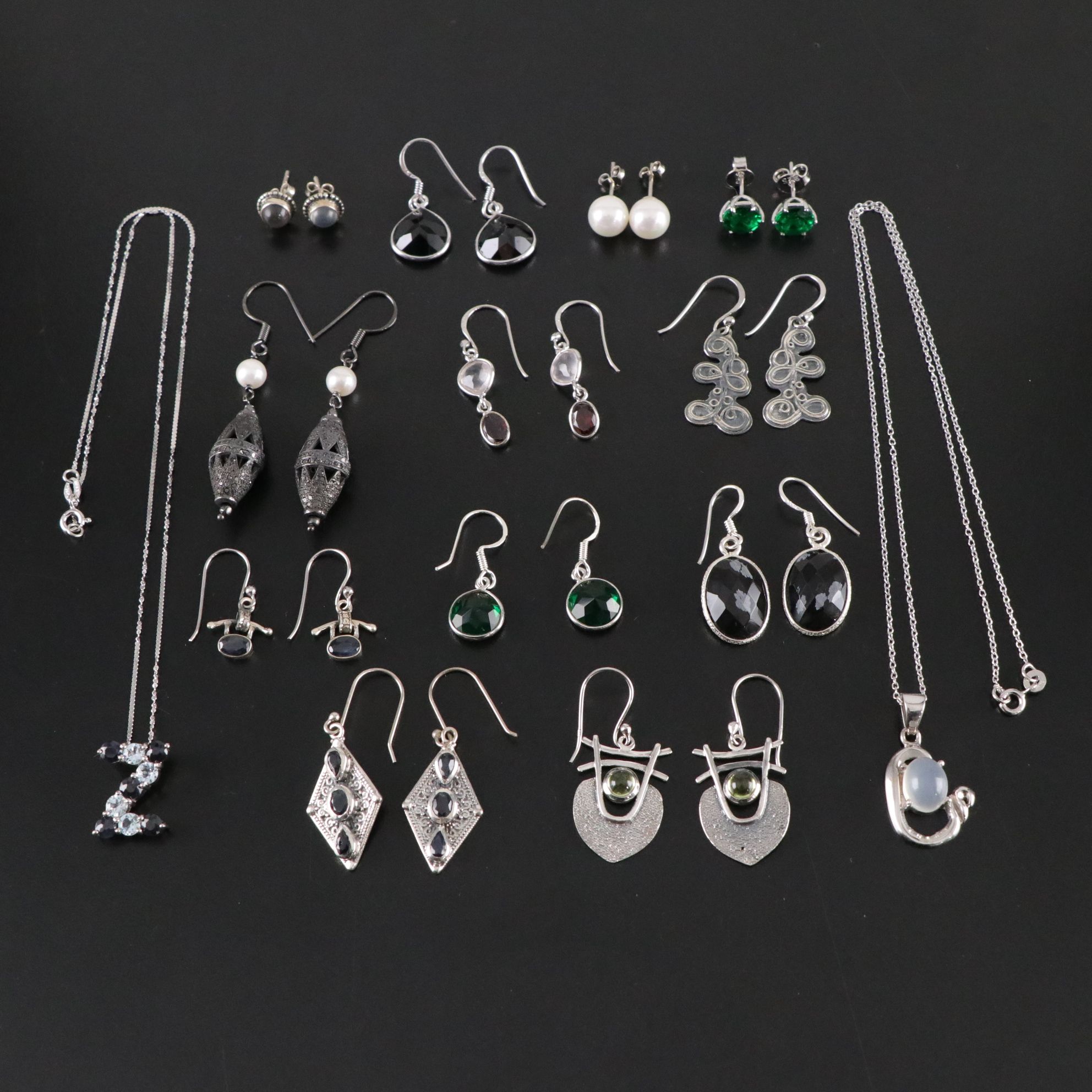 14 Assorted Sterling Silver Earrings and Necklaces