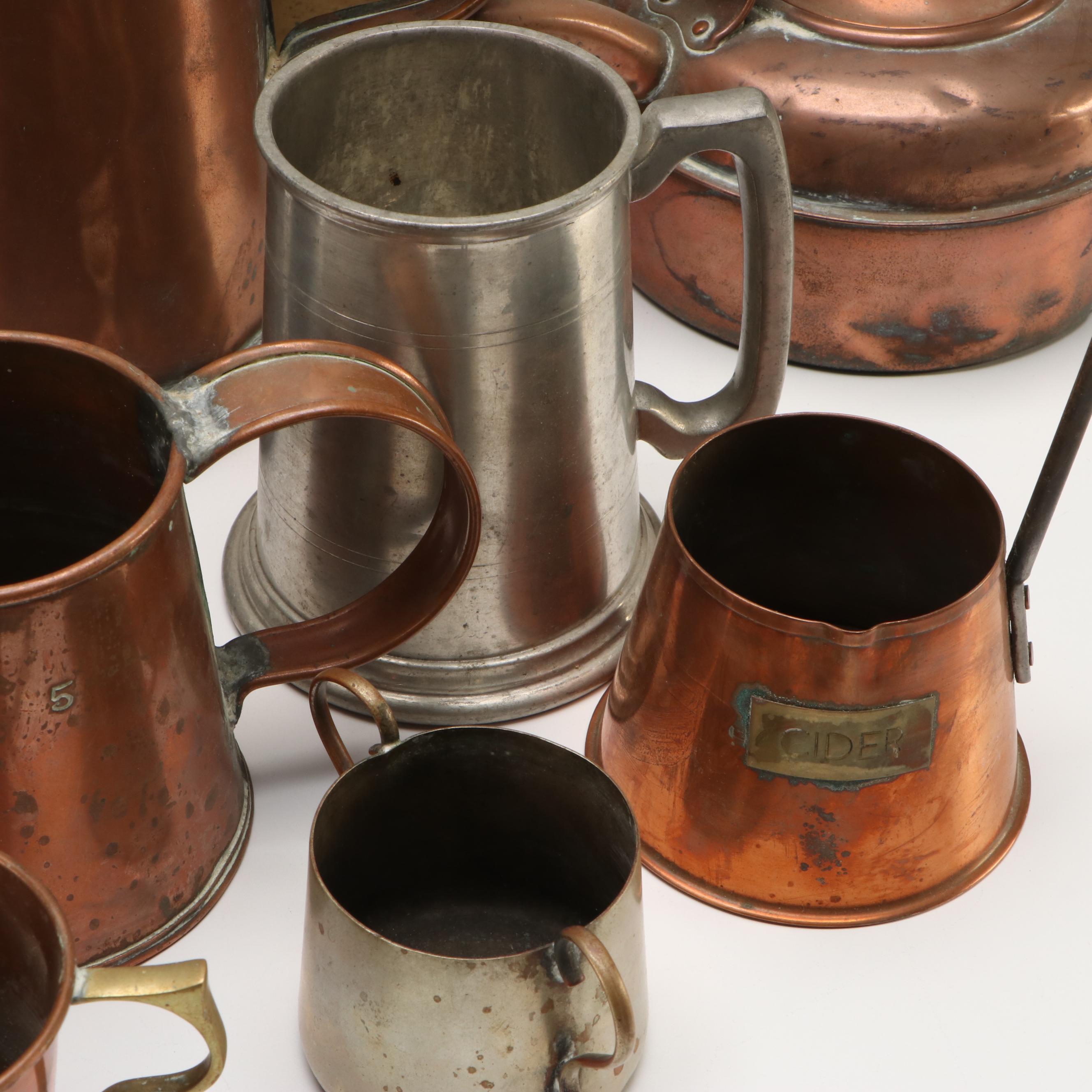 Reed & Barton Pewter Mug, Copper Cider Measure and Other Antique Metal Vessels