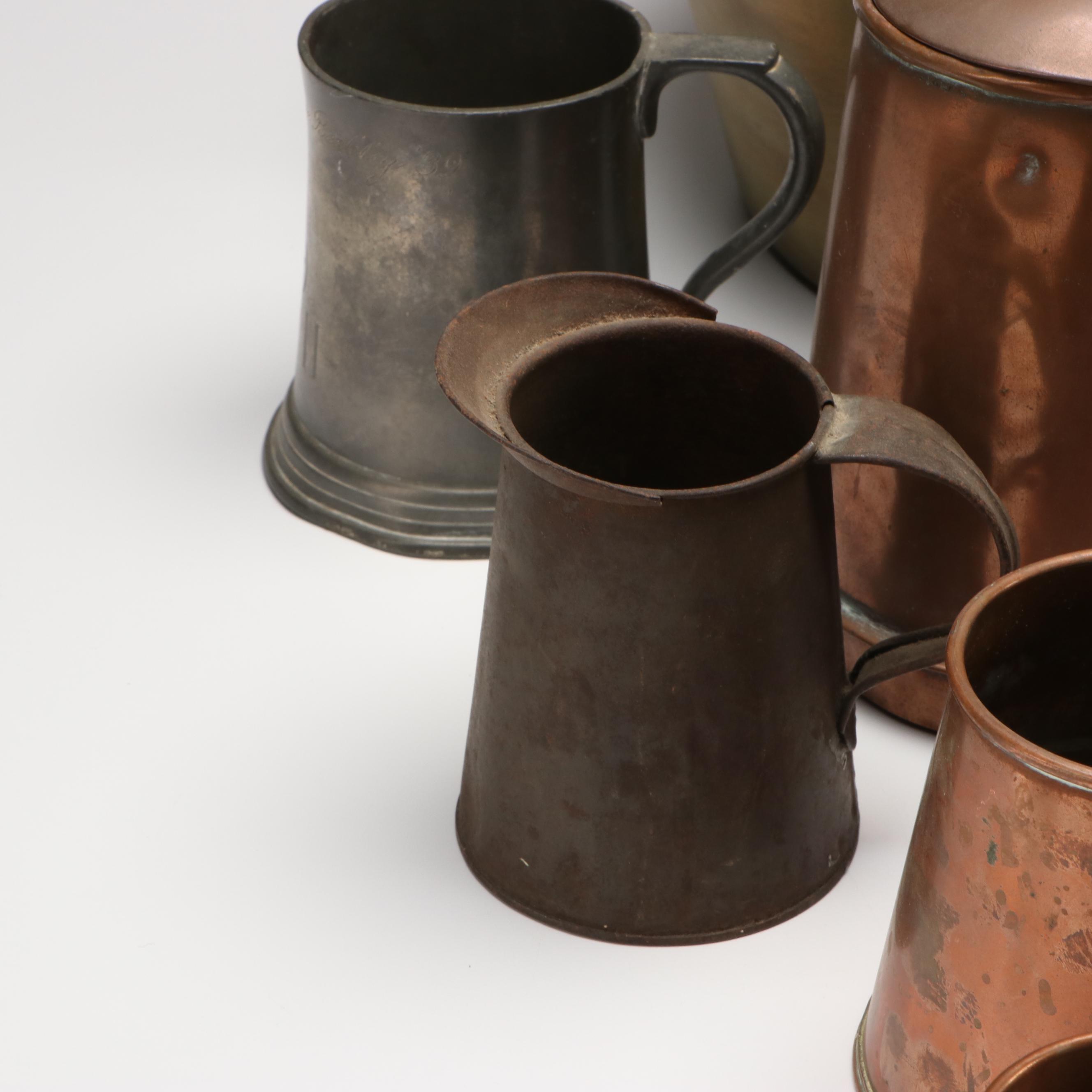 Reed & Barton Pewter Mug, Copper Cider Measure and Other Antique Metal Vessels