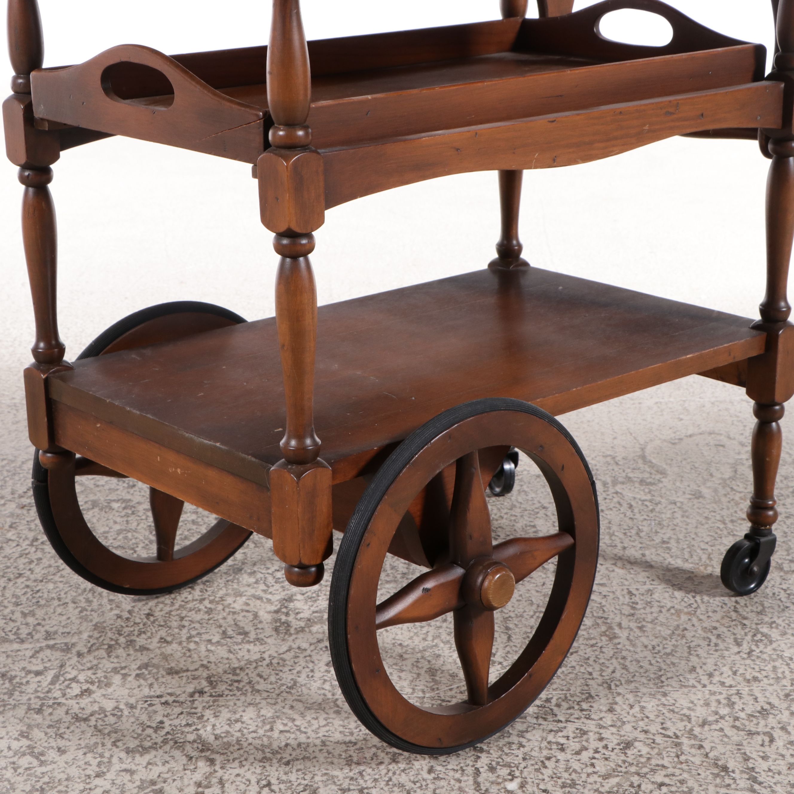 Walnut Colonial Revival Drop-Leaf Tea Cart with Tray Shelf, Late 20th Century