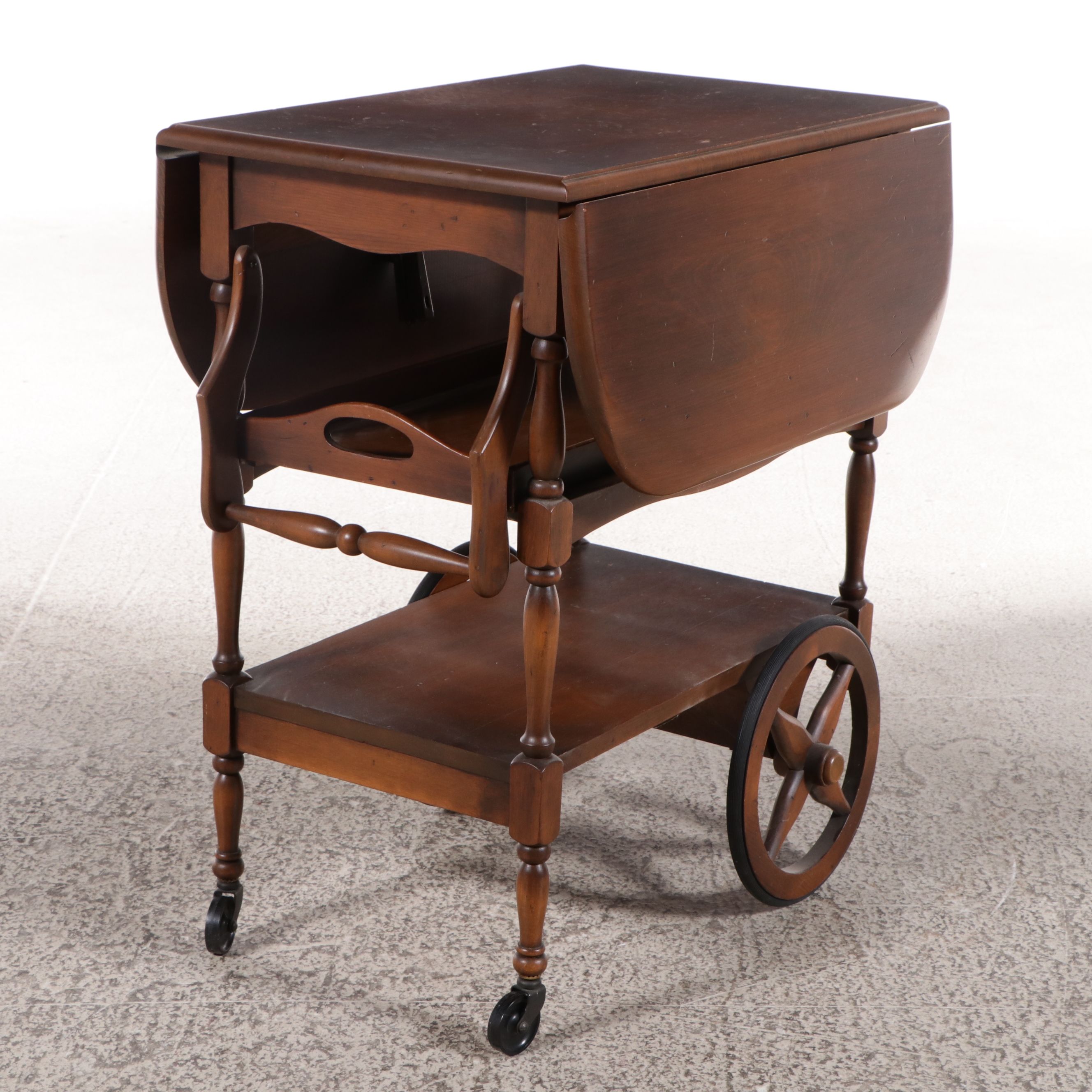 Walnut Colonial Revival Drop-Leaf Tea Cart with Tray Shelf, Late 20th Century
