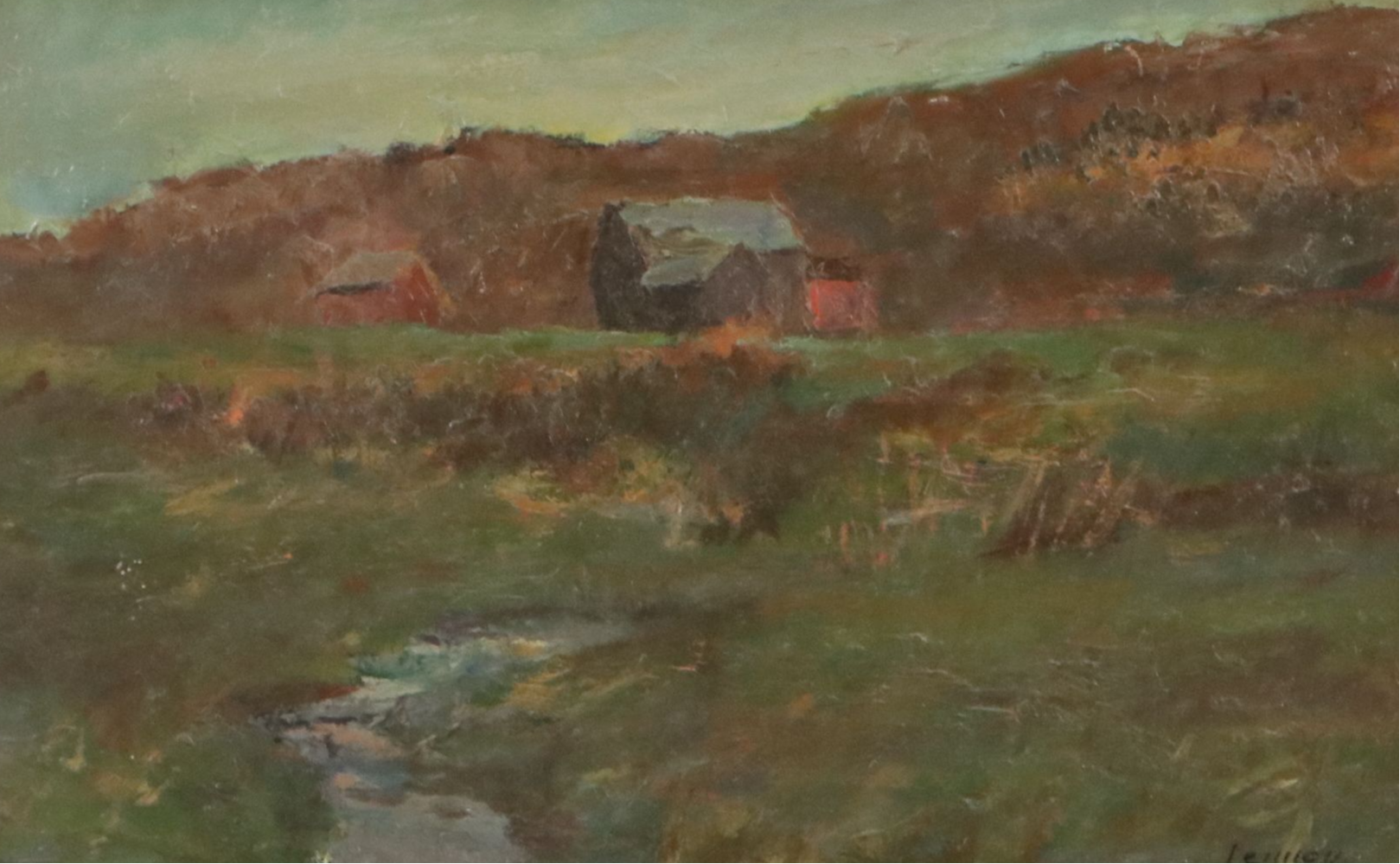 Bernard Lennon Landscape Oil Painting of Farm with Creek, 20th Century