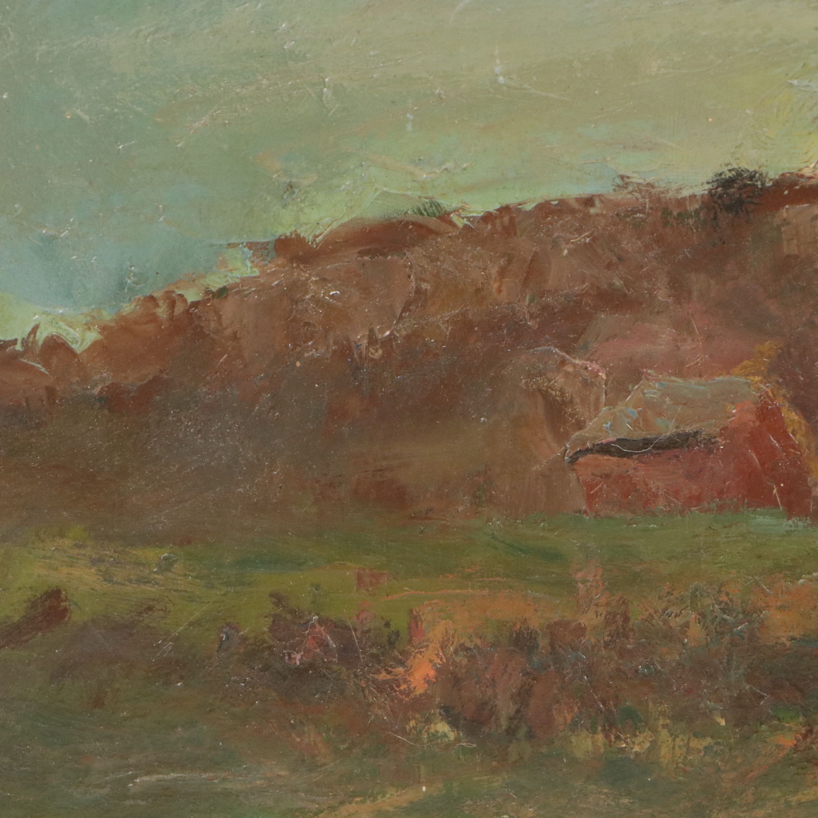 Bernard Lennon Landscape Oil Painting of Farm with Creek, 20th Century