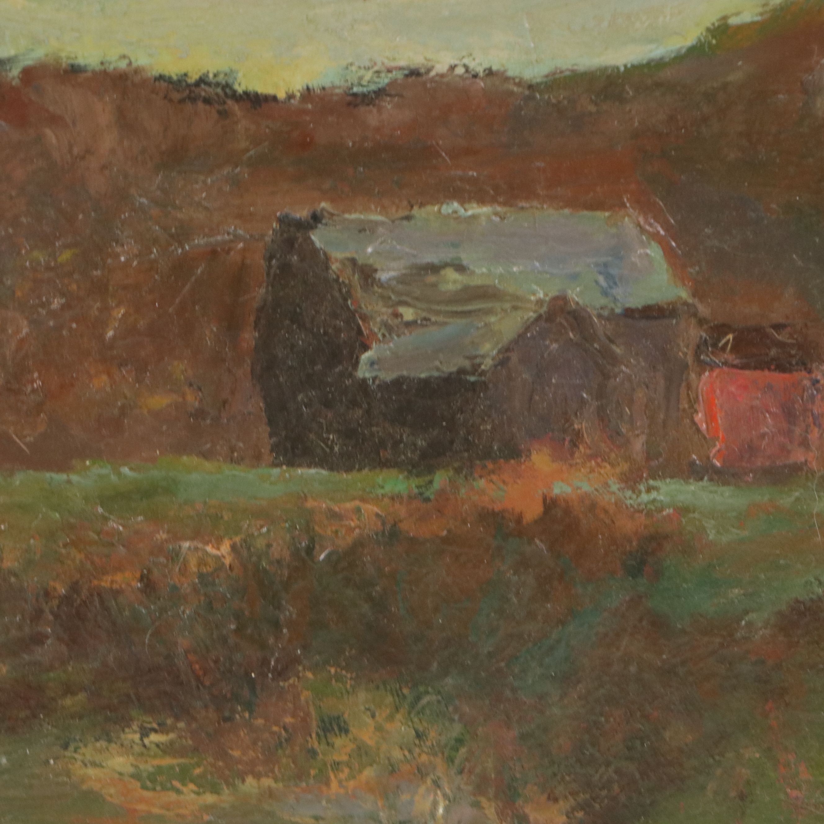 Bernard Lennon Landscape Oil Painting of Farm with Creek, 20th Century
