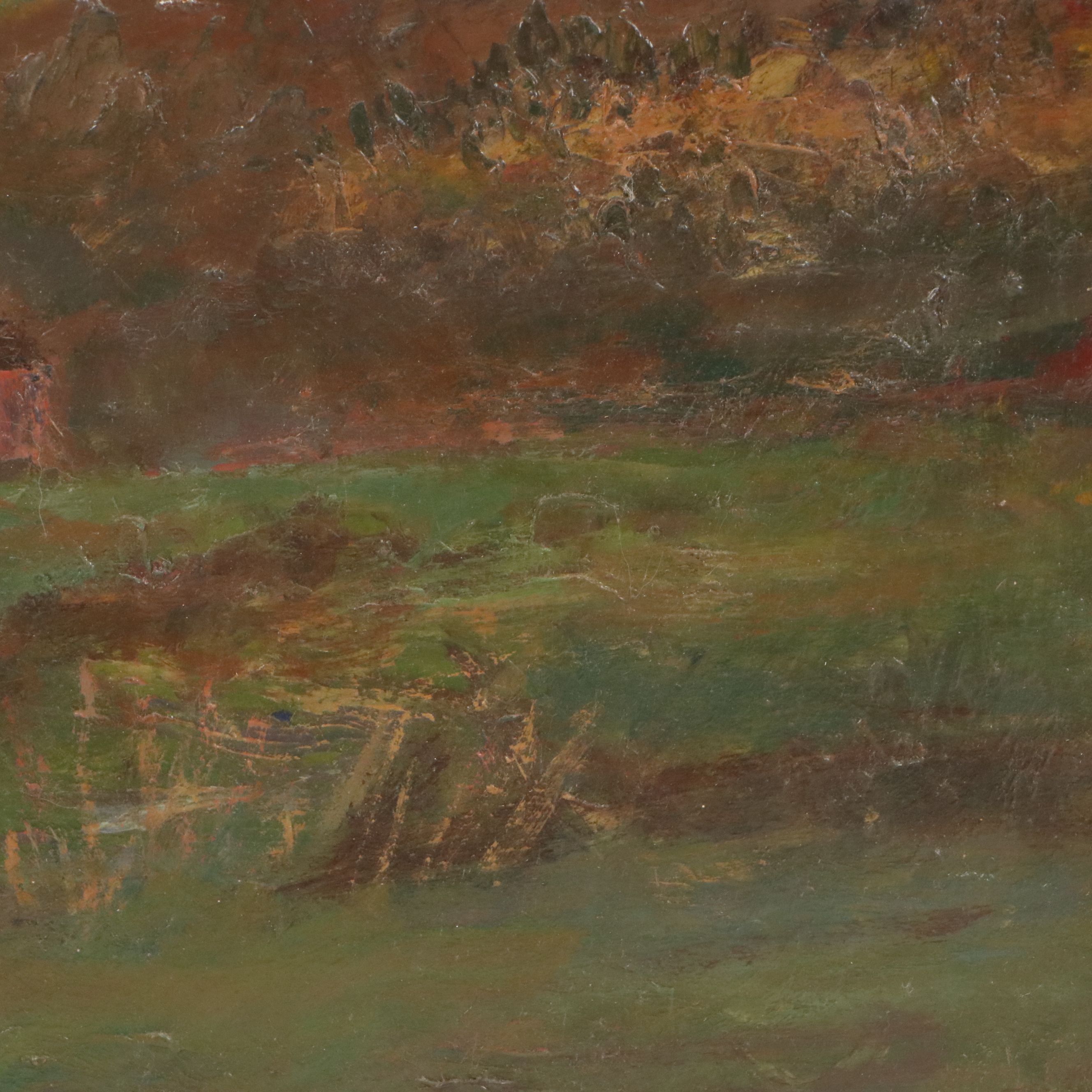 Bernard Lennon Landscape Oil Painting of Farm with Creek, 20th Century