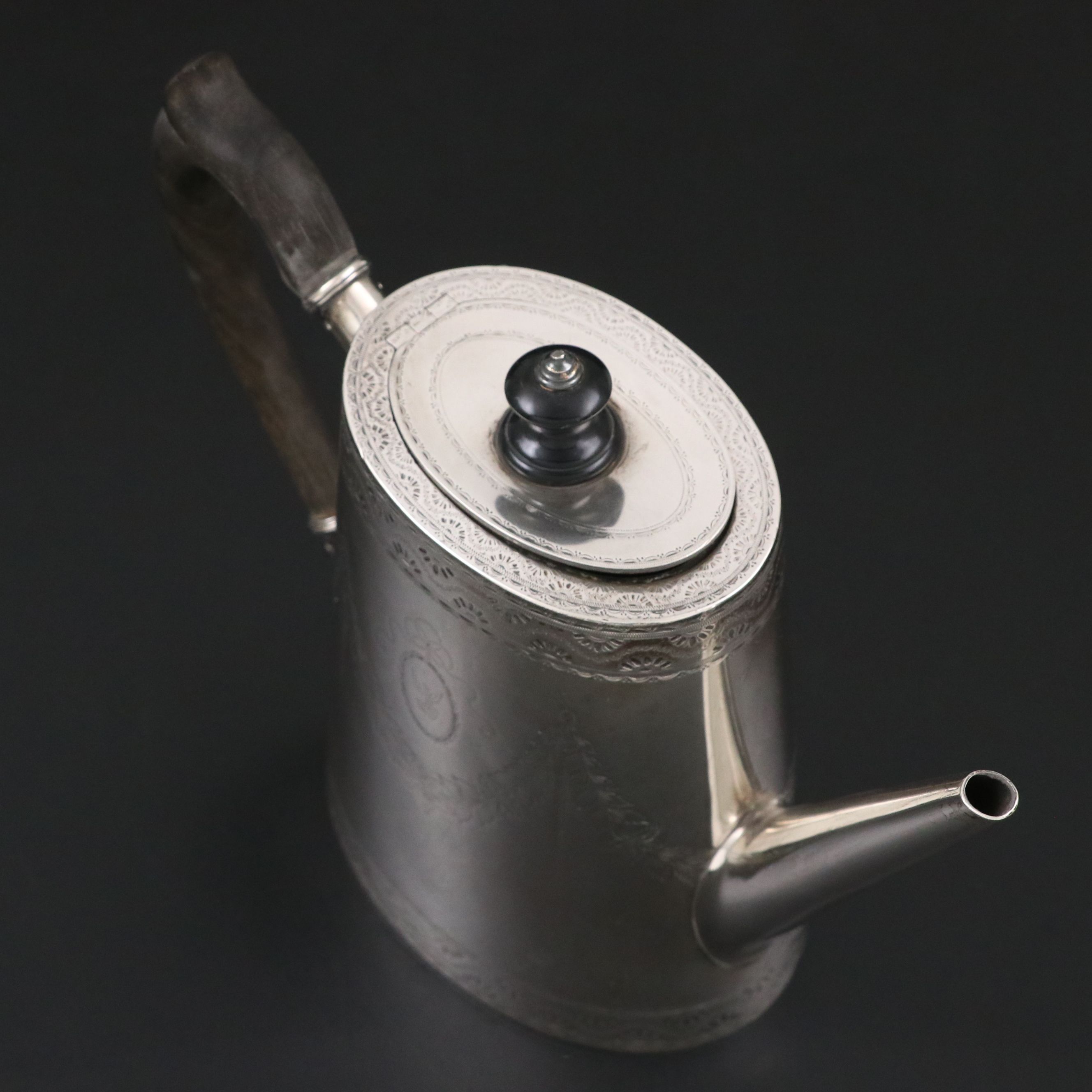 Victorian Chased Sterling Coffee Pot with Ebonized Handle