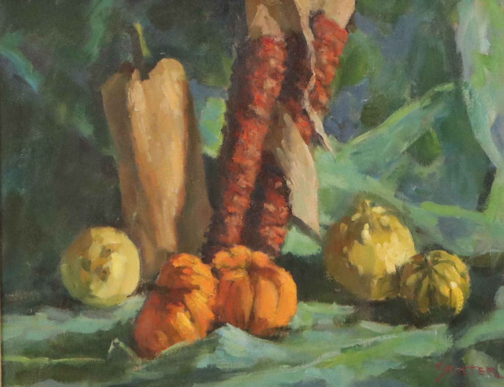 Richard Stalter Still Life Oil Painting of Gourds and Maize