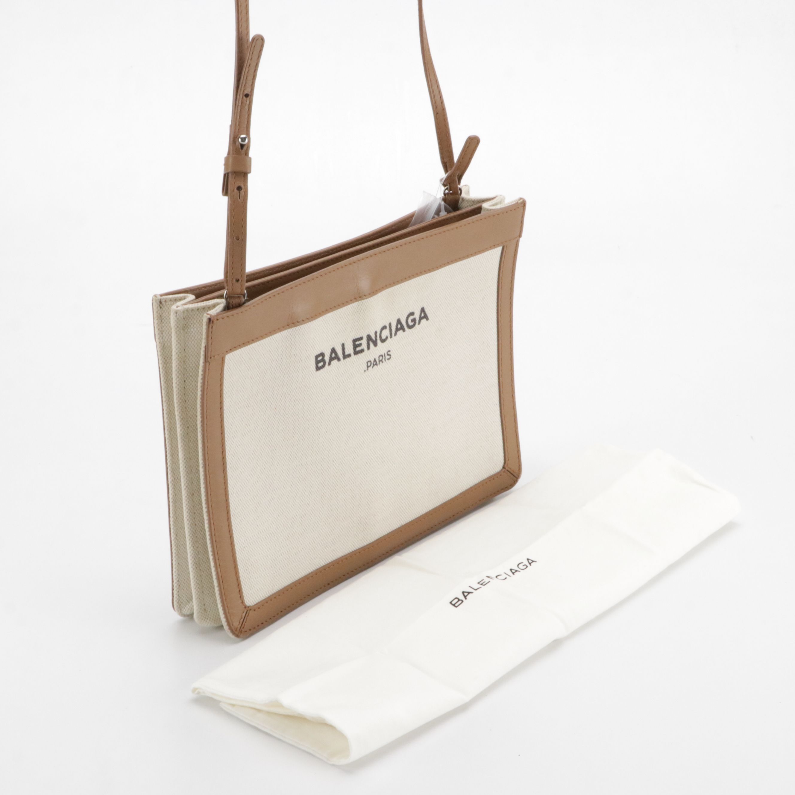 Balenciaga Navy Pochette Shoulder Bag in Beige Canvas and Tan Leather