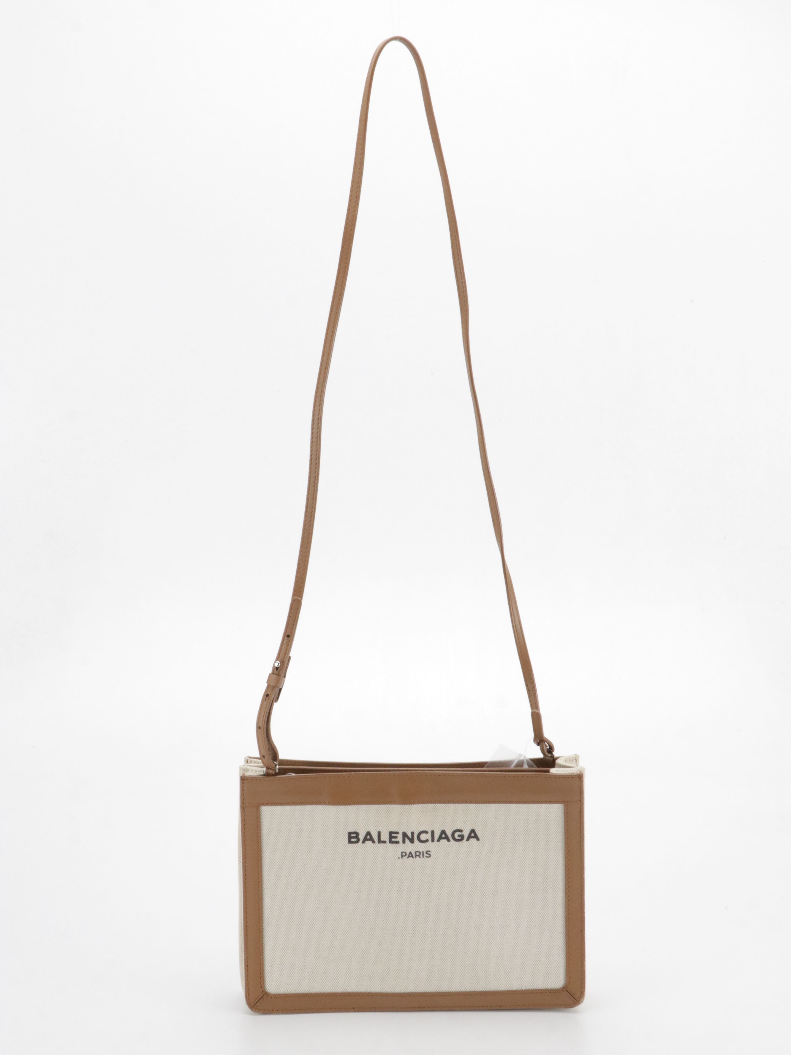 Balenciaga Navy Pochette Shoulder Bag in Beige Canvas and Tan Leather