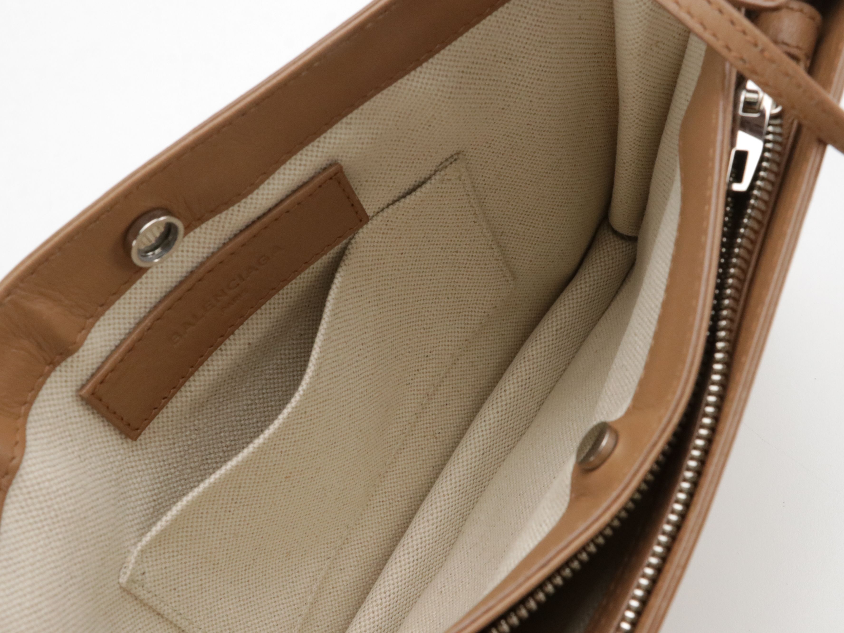 Balenciaga Navy Pochette Shoulder Bag in Beige Canvas and Tan Leather