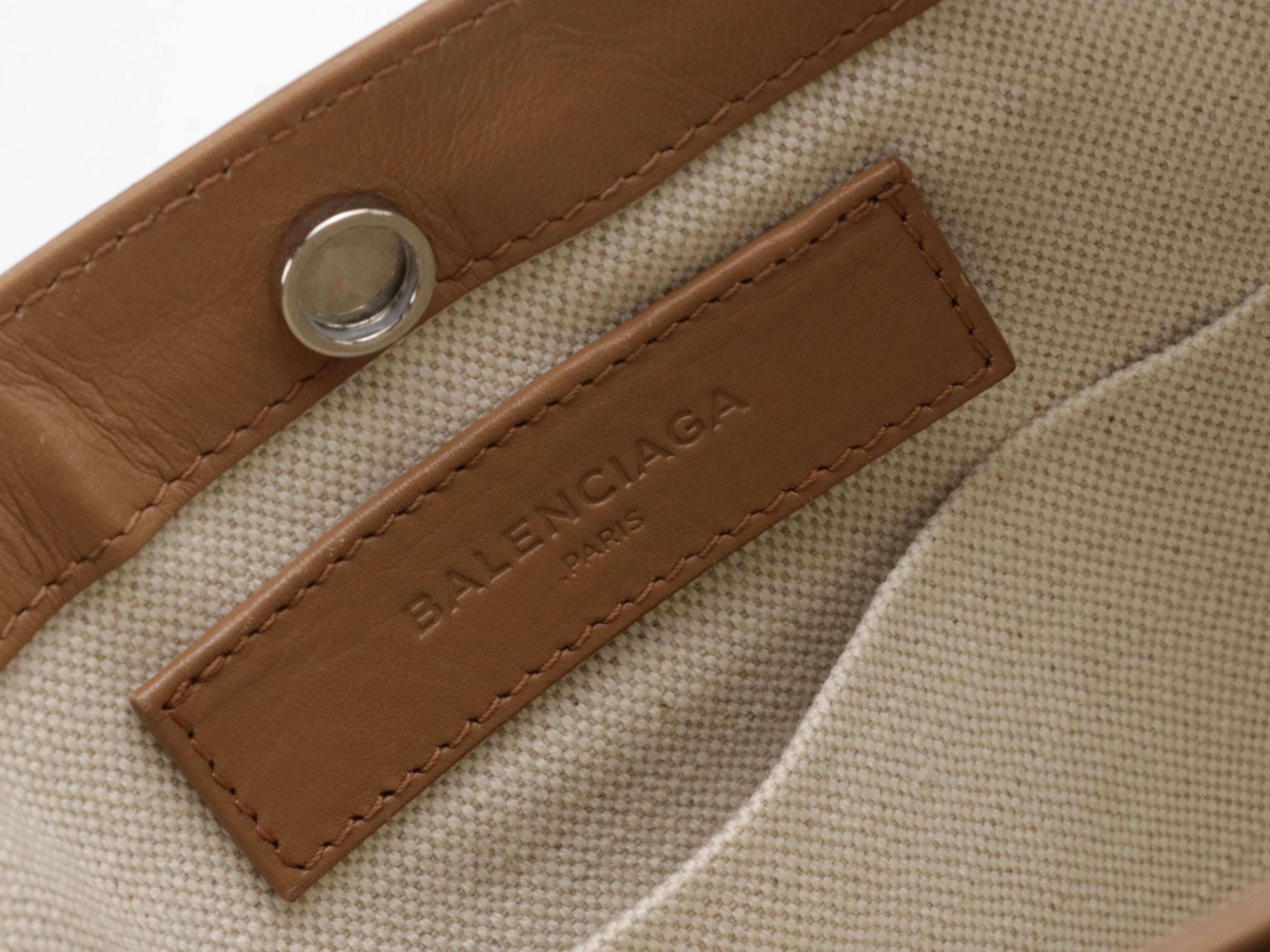 Balenciaga Navy Pochette Shoulder Bag in Beige Canvas and Tan Leather