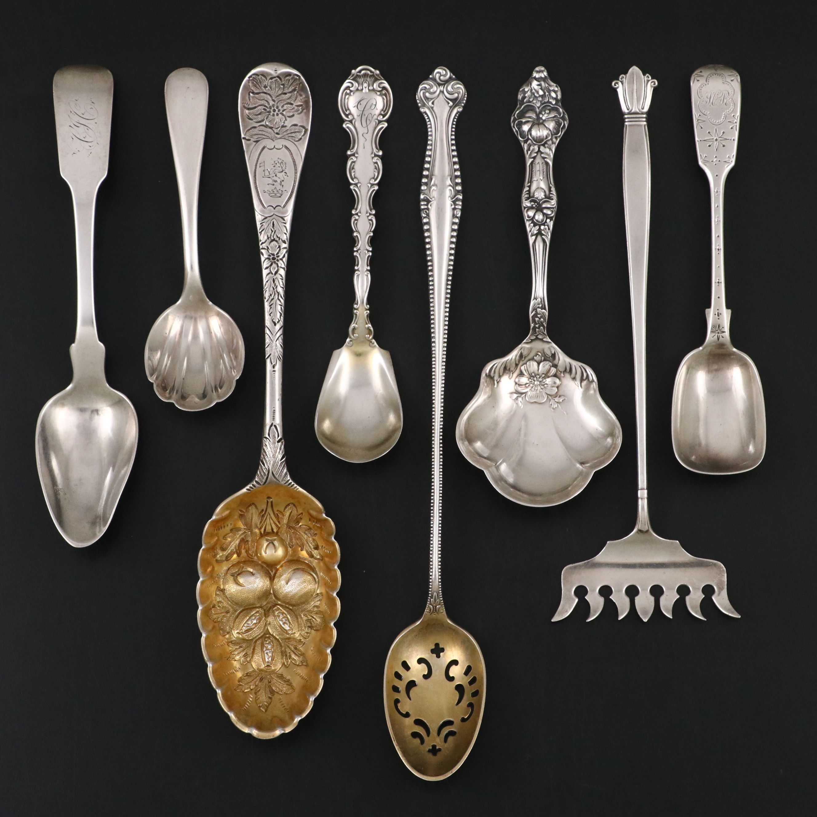 John Gorham English Parcel Gilt Berry Spoon with Other Sterling Serving Utensils