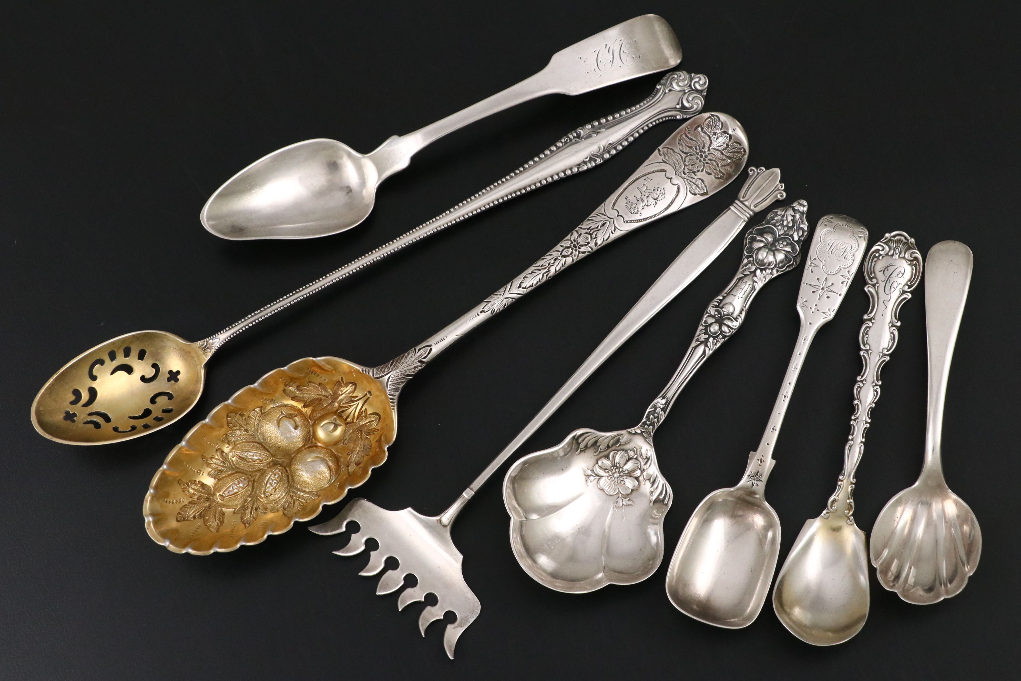 John Gorham English Parcel Gilt Berry Spoon with Other Sterling Serving Utensils