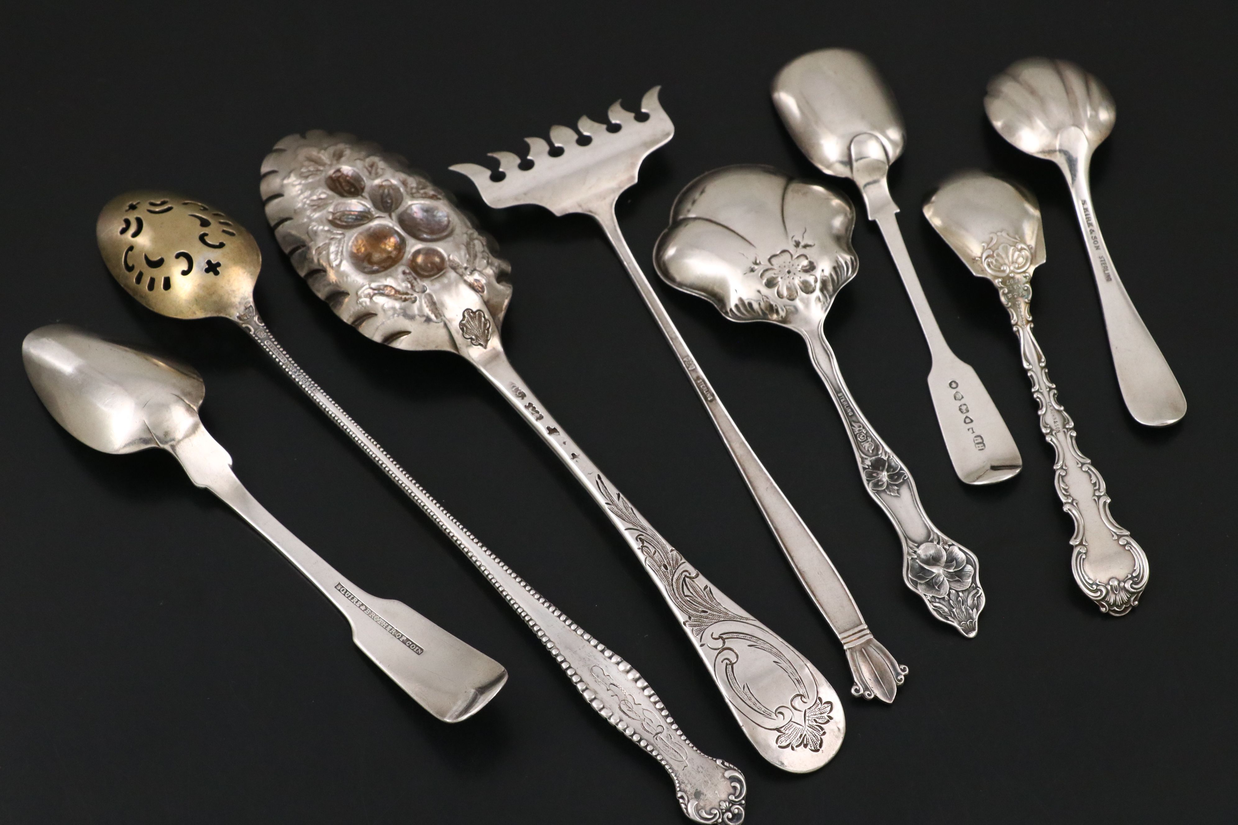 John Gorham English Parcel Gilt Berry Spoon with Other Sterling Serving Utensils
