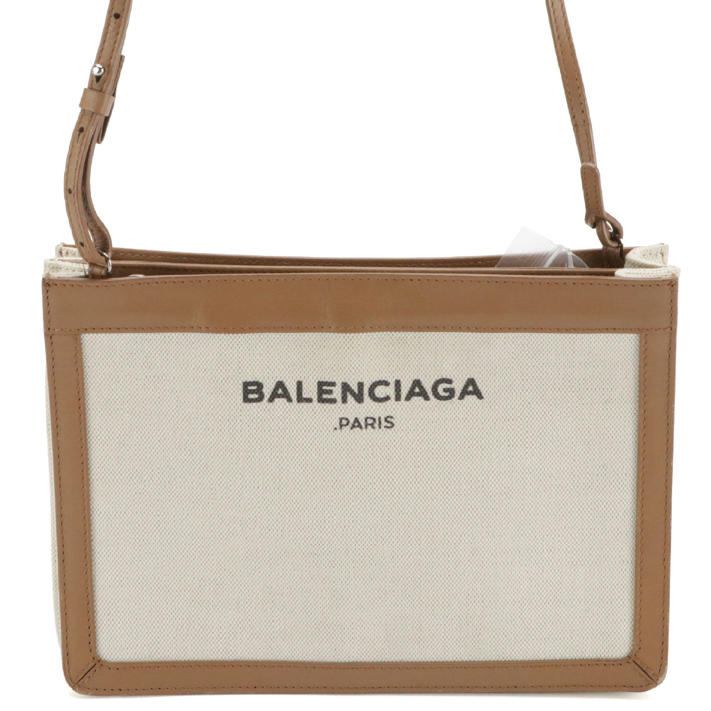 Balenciaga Navy Pochette Shoulder Bag in Beige Canvas and Tan Leather