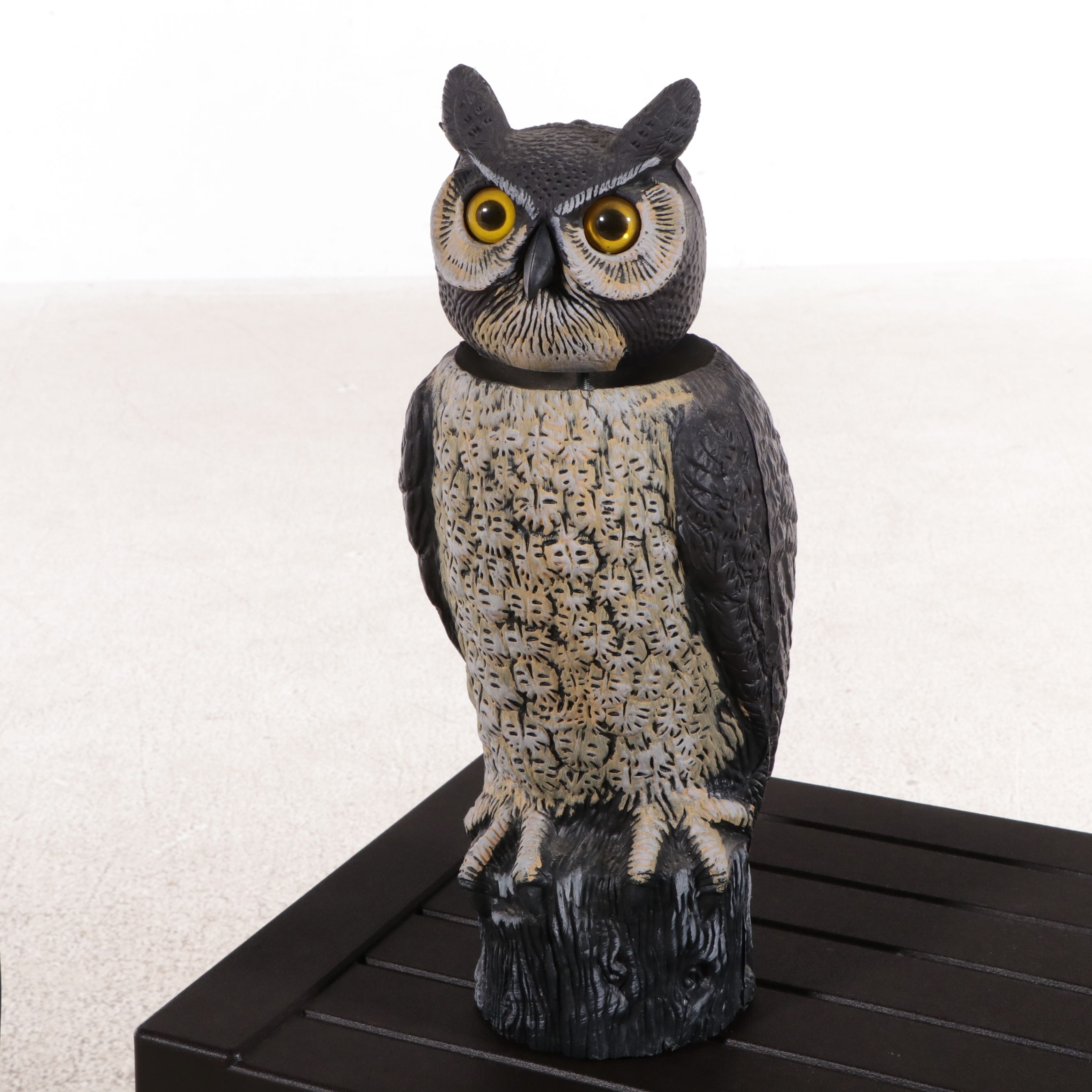 Wrought Iron Plant Stand, Fake Owl Decoy and Deck Box