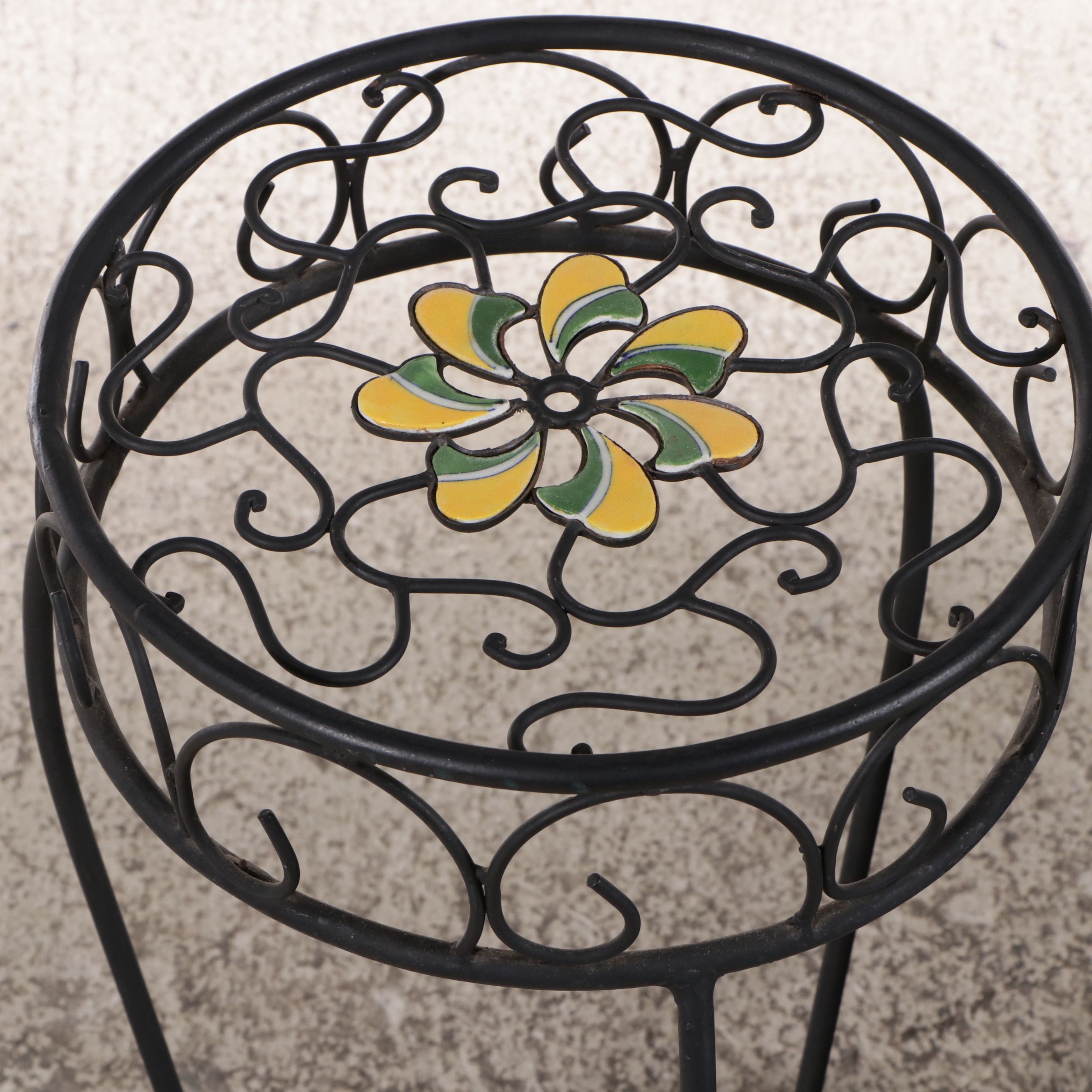 Wrought Iron Plant Stand, Fake Owl Decoy and Deck Box