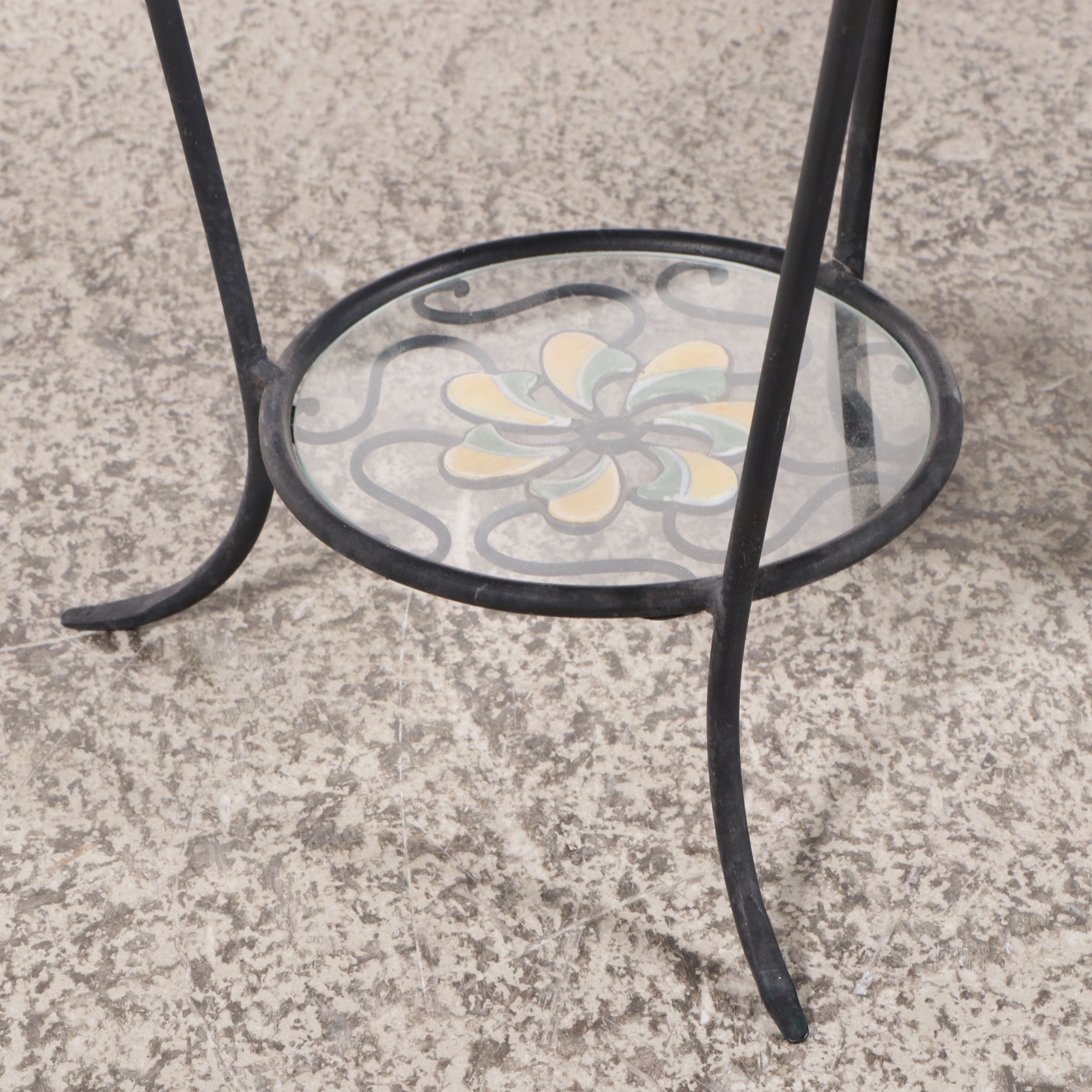 Wrought Iron Plant Stand, Fake Owl Decoy and Deck Box