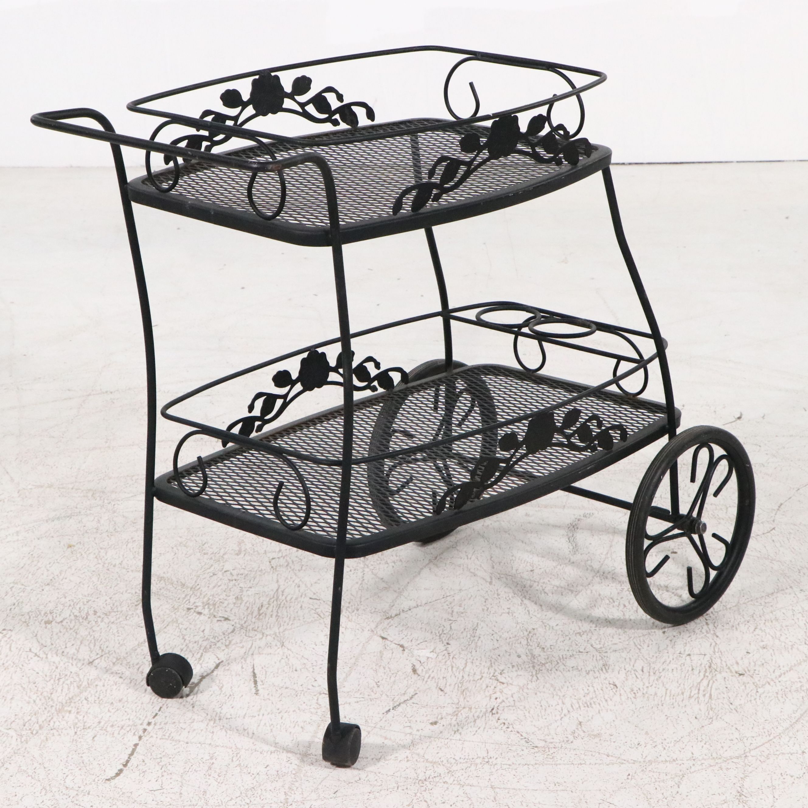 Wrought Iron and Mesh Patio Bar Cart and Loveseat Glider Bench