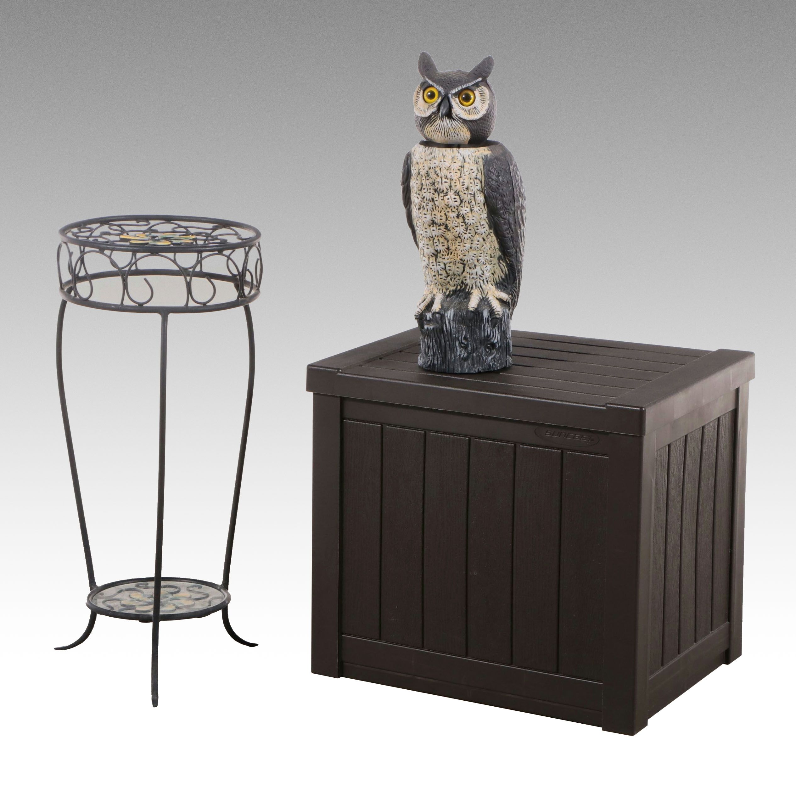 Wrought Iron Plant Stand, Fake Owl Decoy and Deck Box