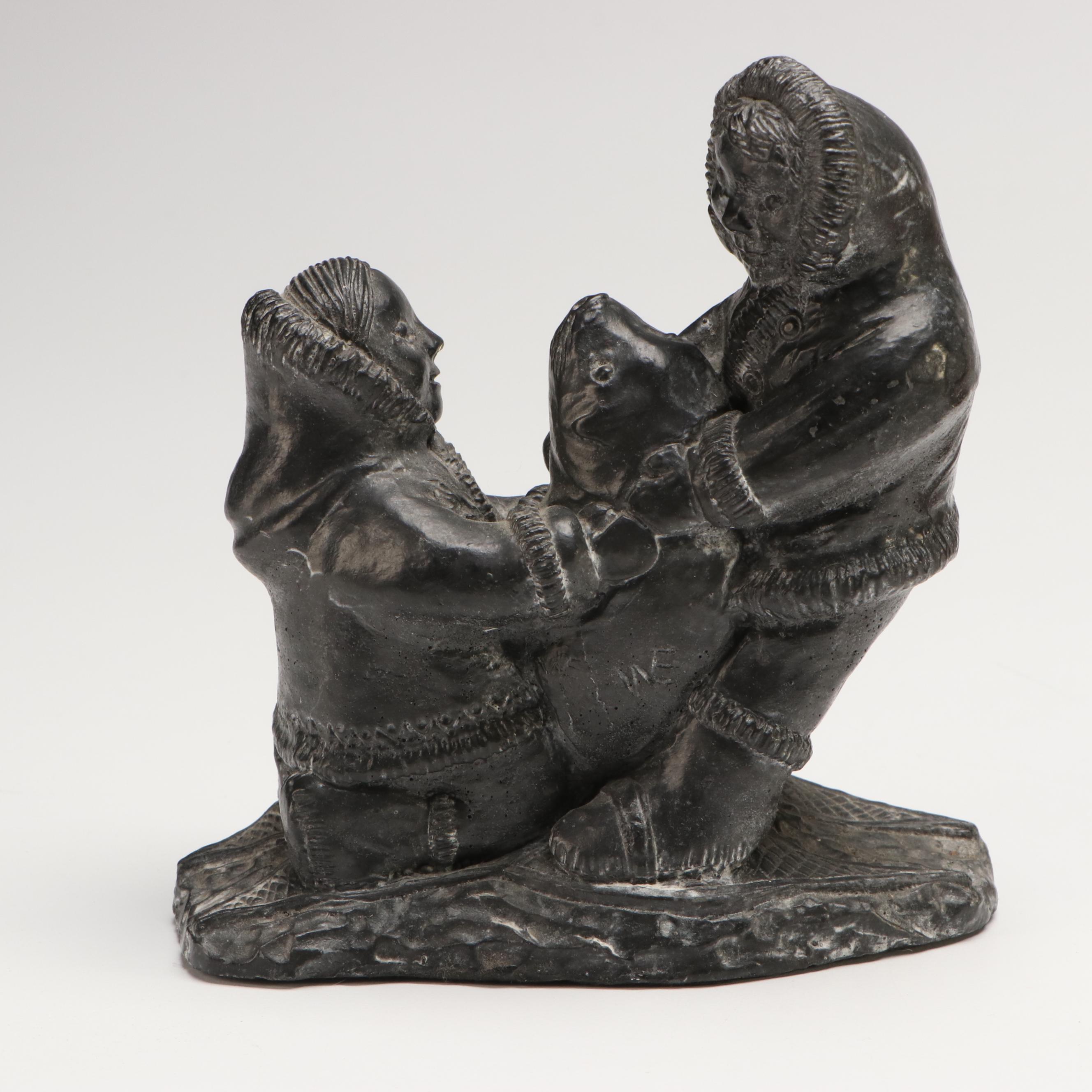 Inuit Style Soapstone Figures with Enamel Art Coasters and Stone Plate