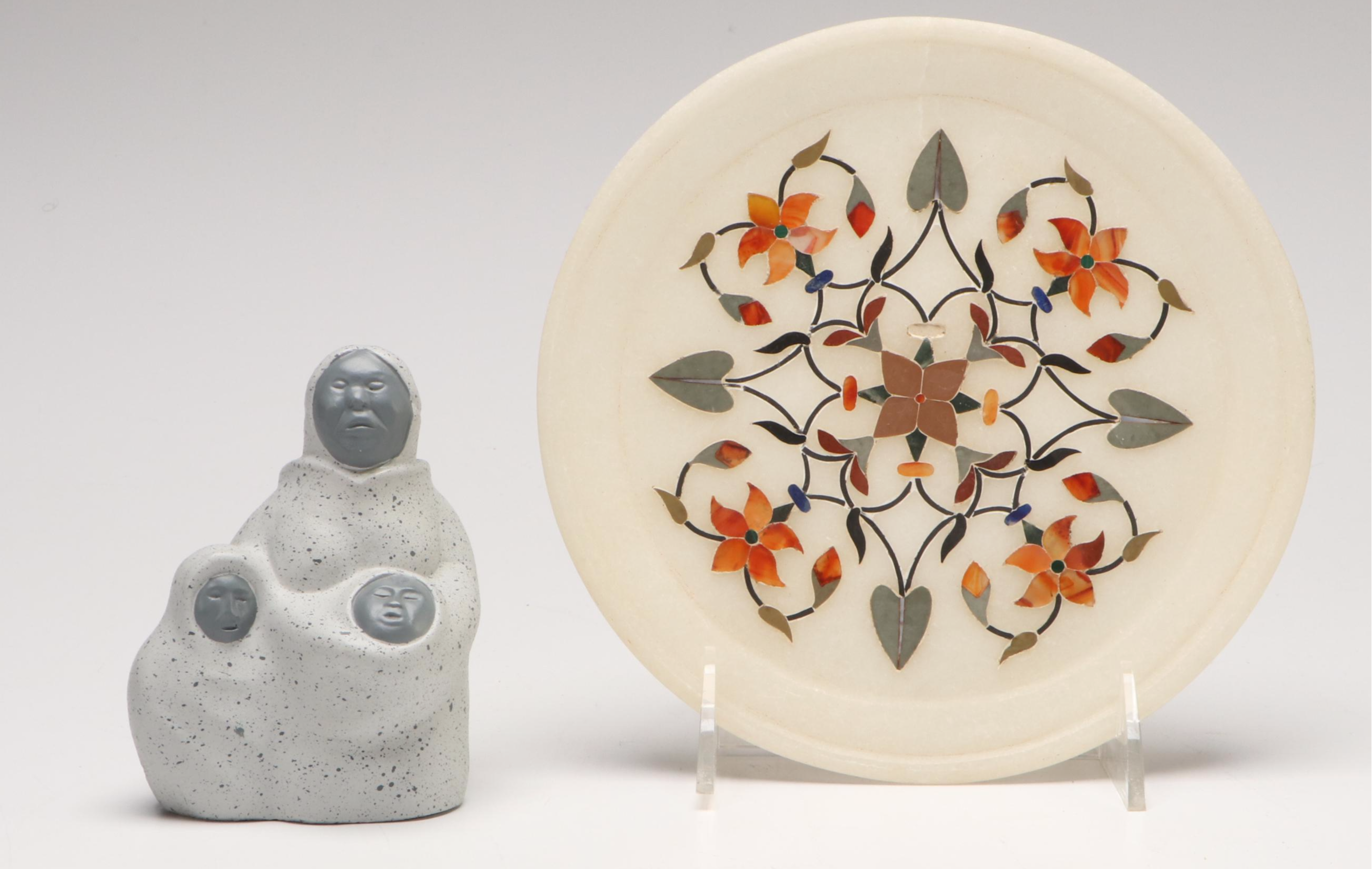 Inuit Style Soapstone Figures with Enamel Art Coasters and Stone Plate