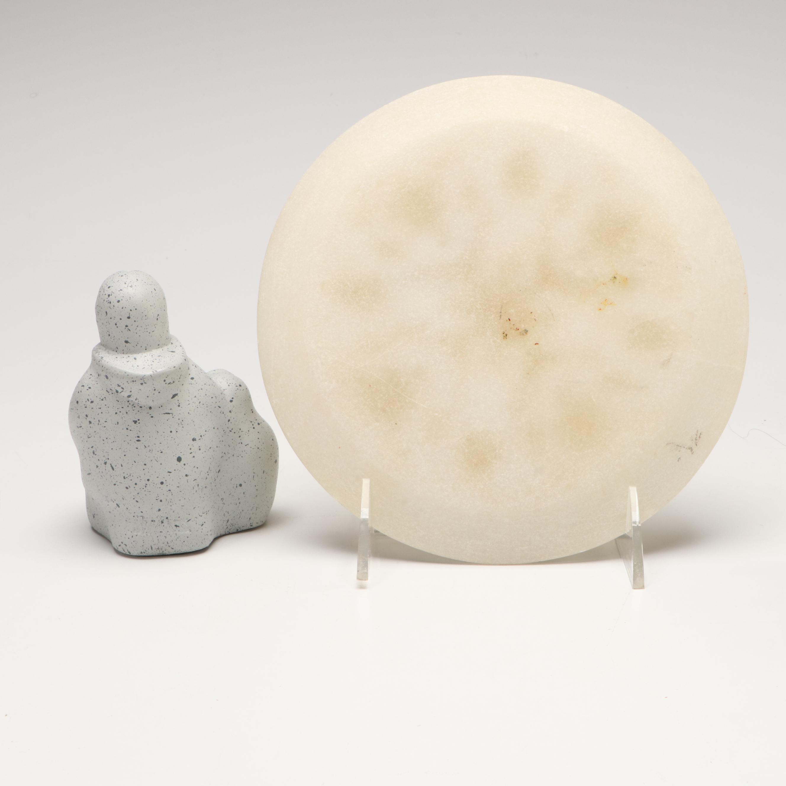 Inuit Style Soapstone Figures with Enamel Art Coasters and Stone Plate