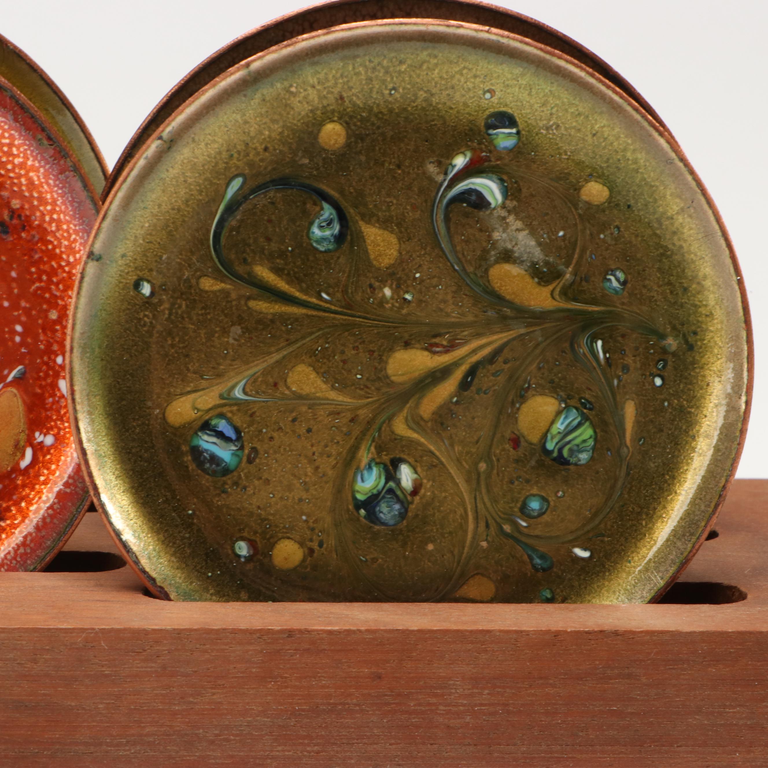 Inuit Style Soapstone Figures with Enamel Art Coasters and Stone Plate