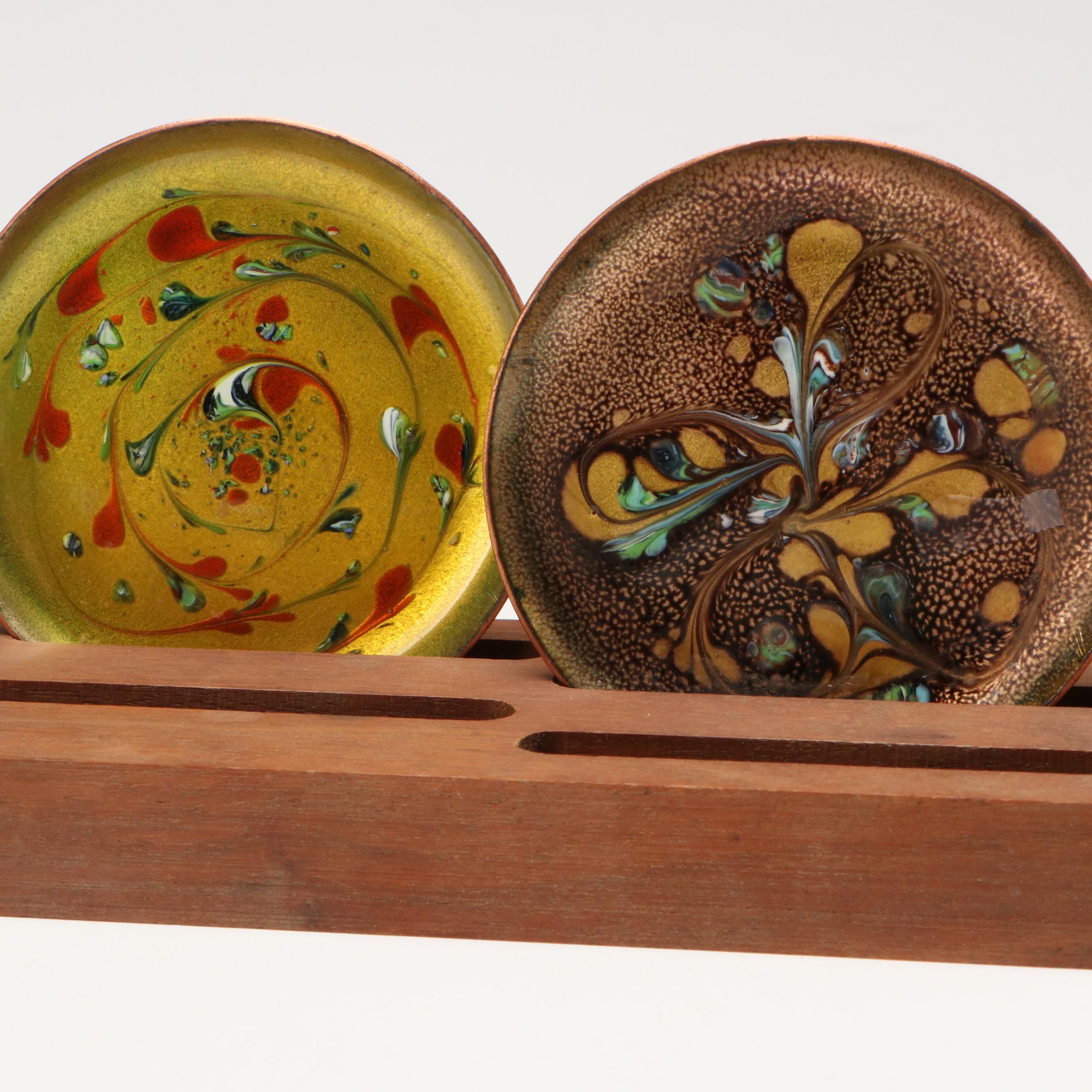 Inuit Style Soapstone Figures with Enamel Art Coasters and Stone Plate