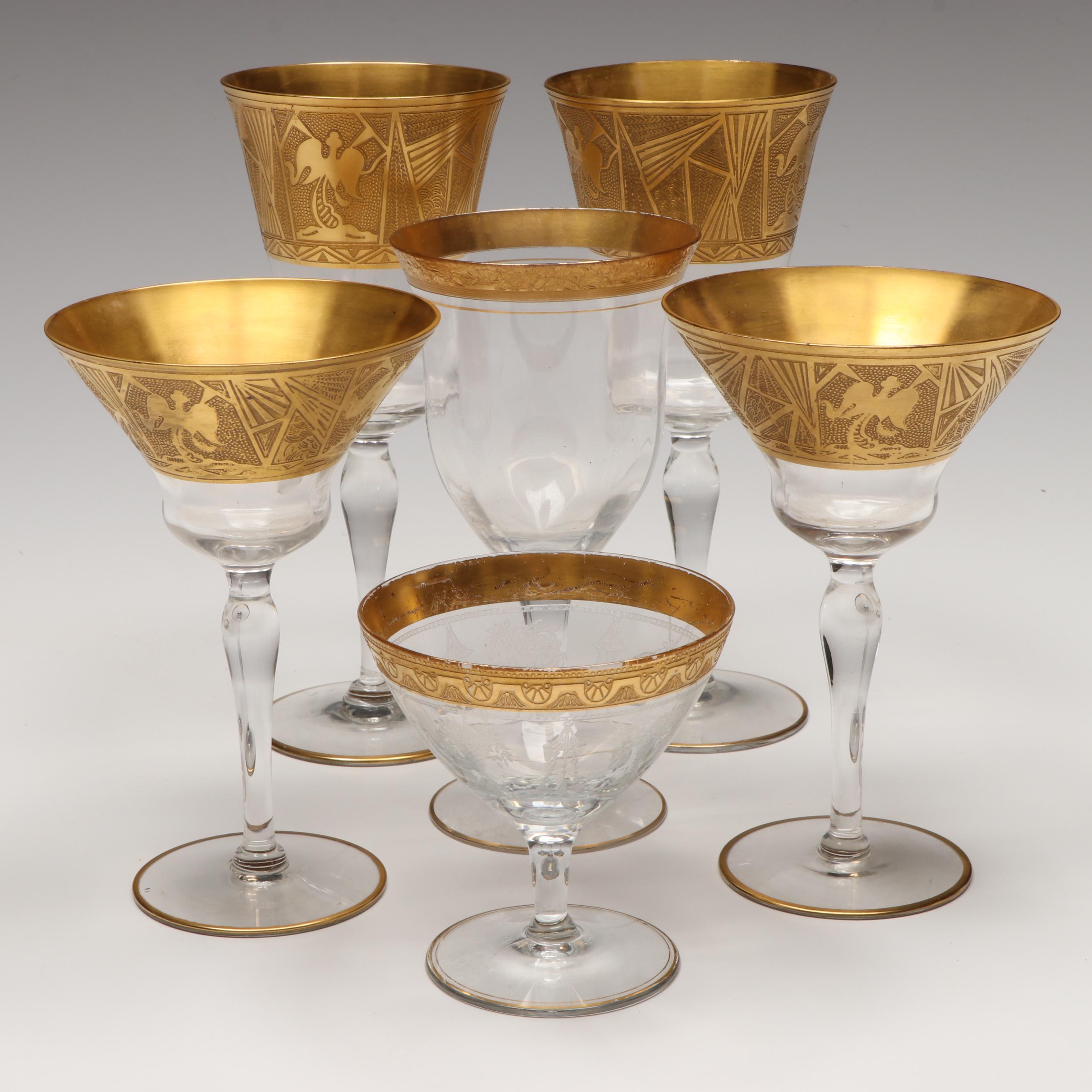 Engraved Gilt Edge Glass Compote Bowl, Wine Glasses and Other Serving Dishes