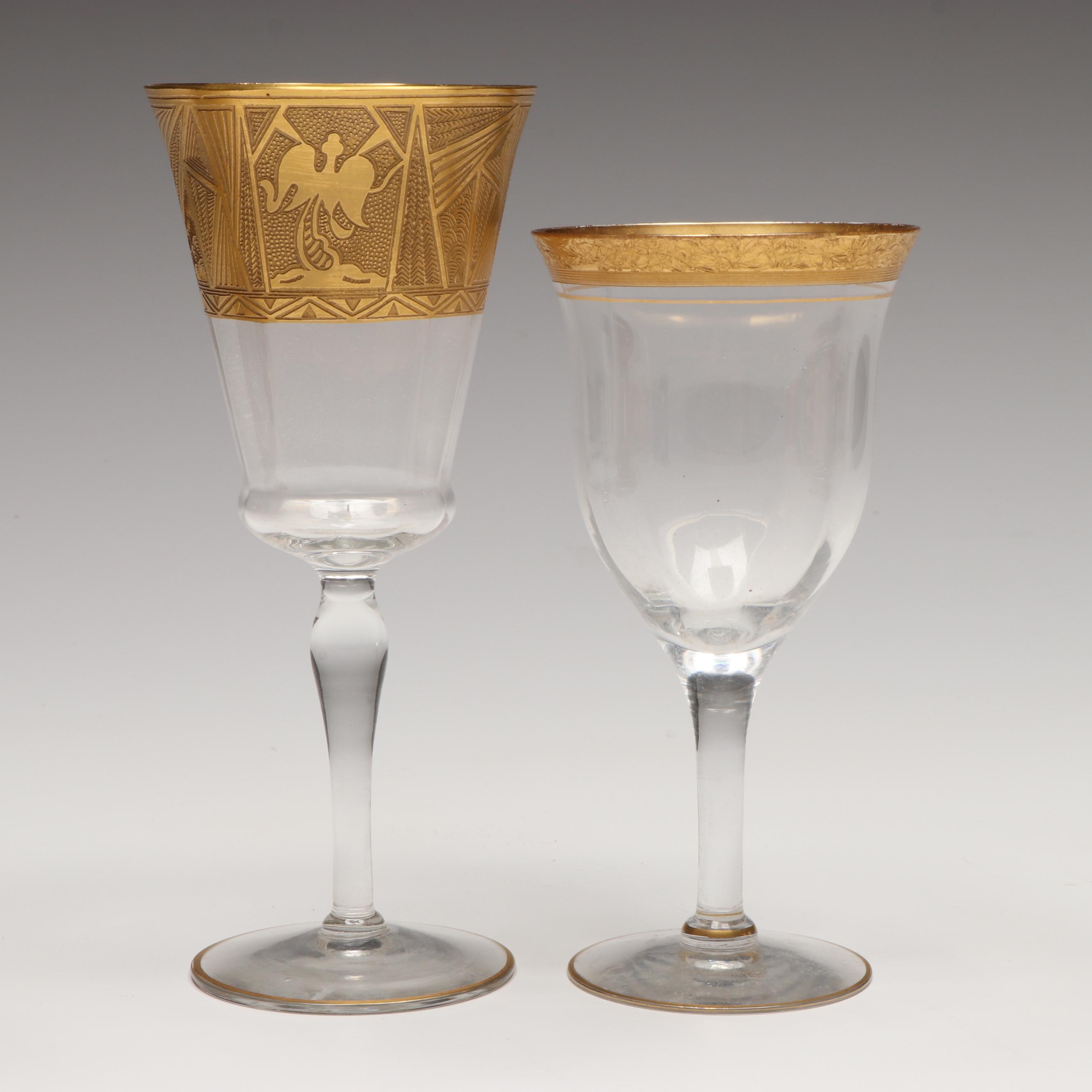 Engraved Gilt Edge Glass Compote Bowl, Wine Glasses and Other Serving Dishes