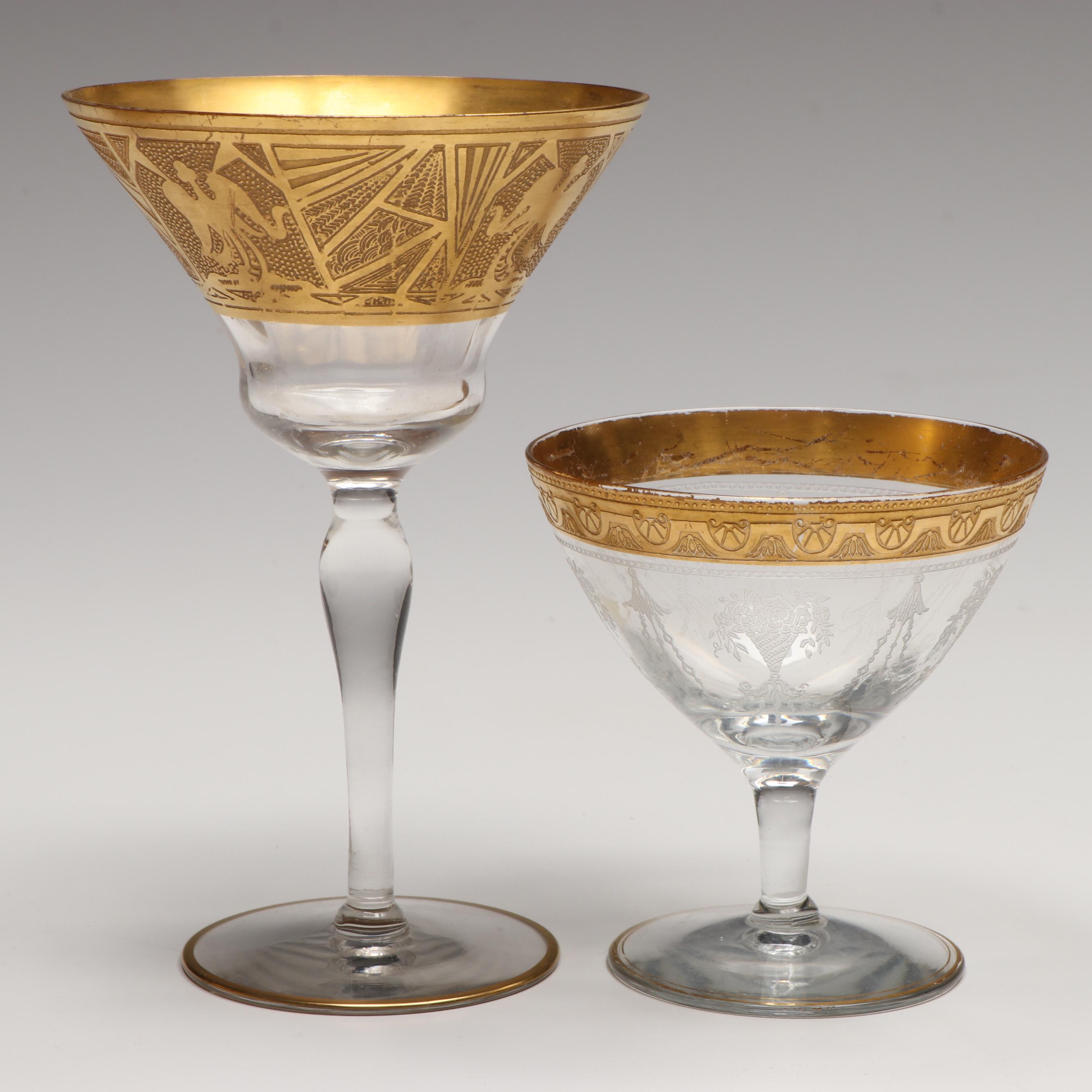 Engraved Gilt Edge Glass Compote Bowl, Wine Glasses and Other Serving Dishes