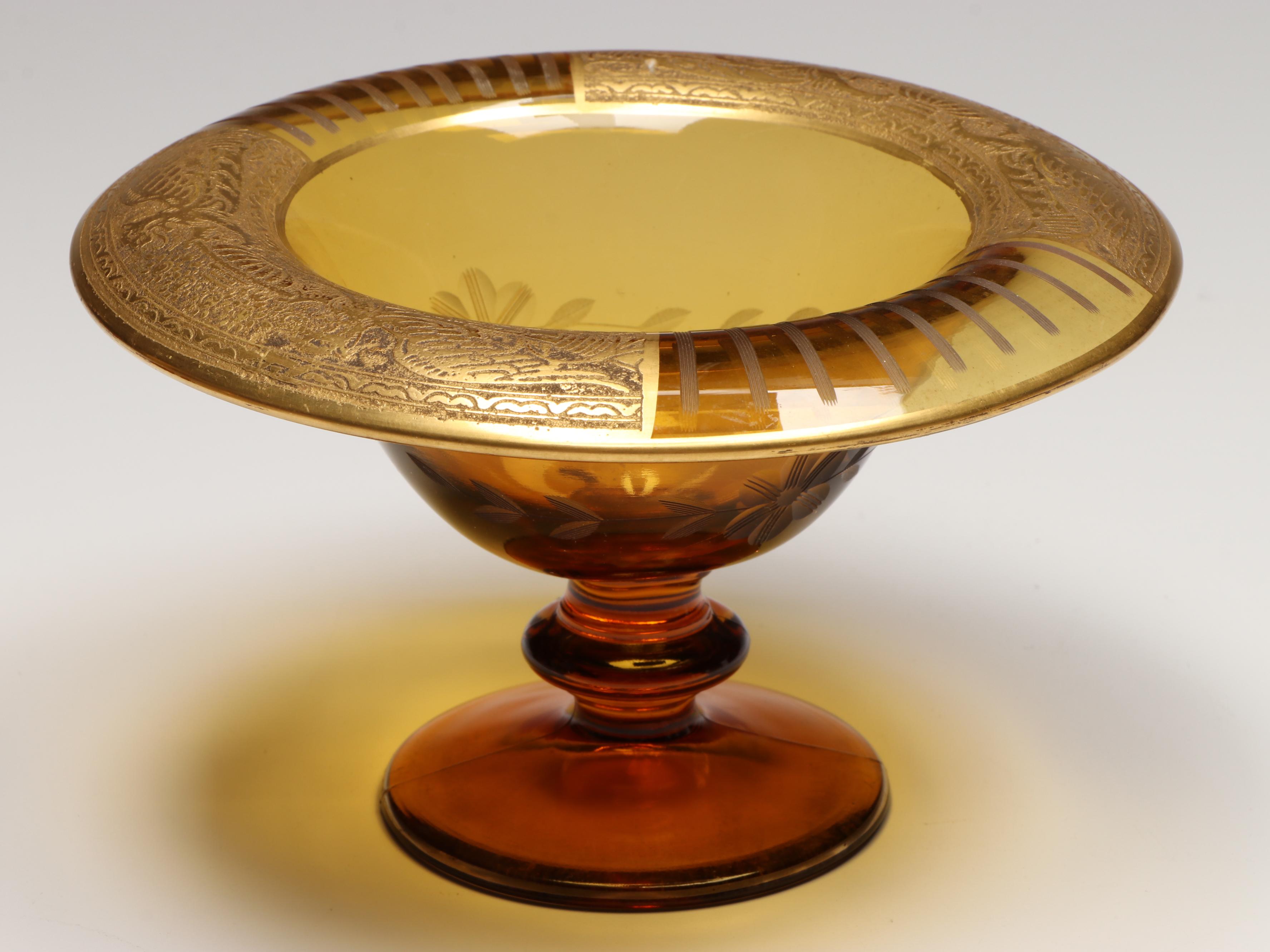 Engraved Gilt Edge Glass Compote Bowl, Wine Glasses and Other Serving Dishes