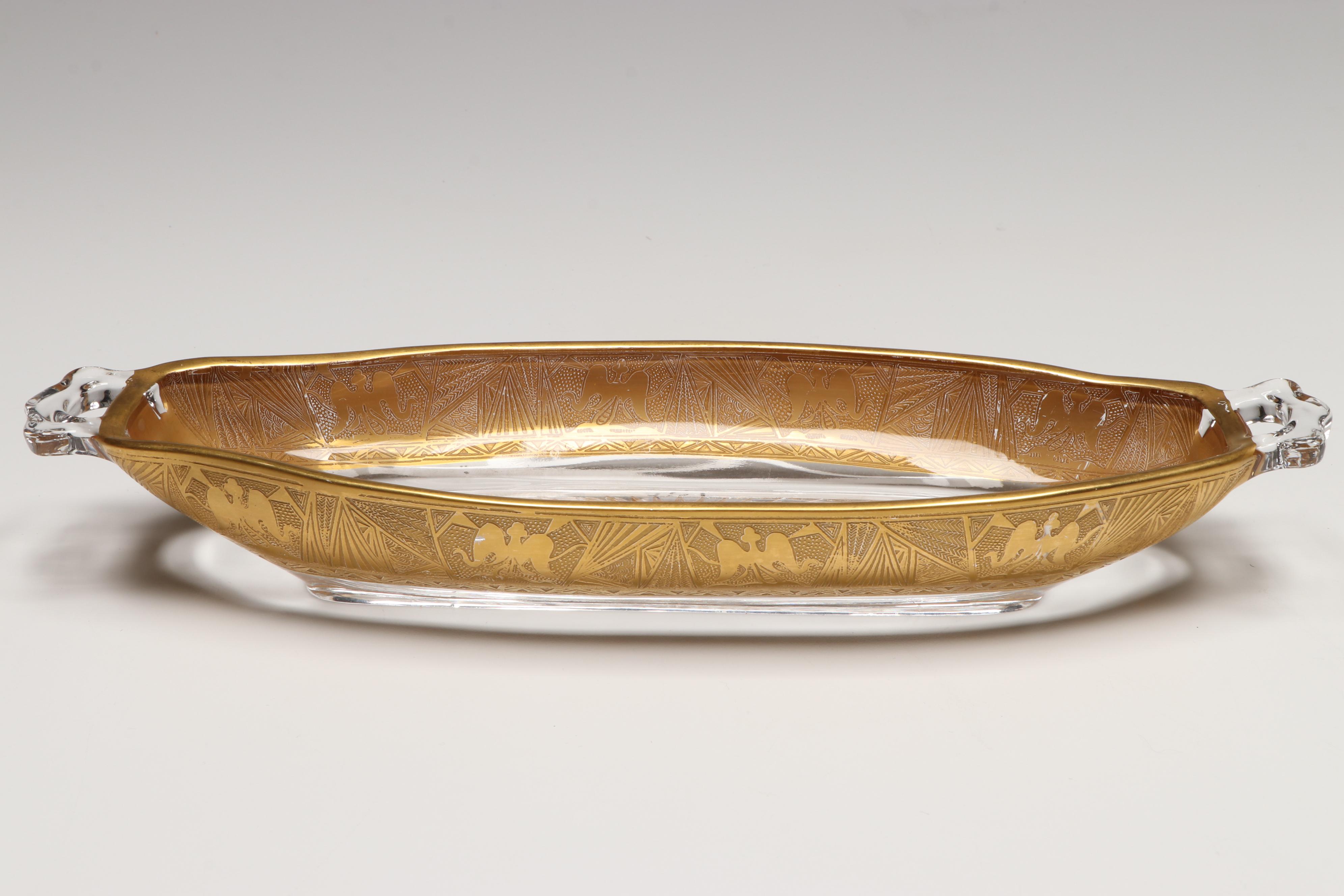 Engraved Gilt Edge Glass Compote Bowl, Wine Glasses and Other Serving Dishes