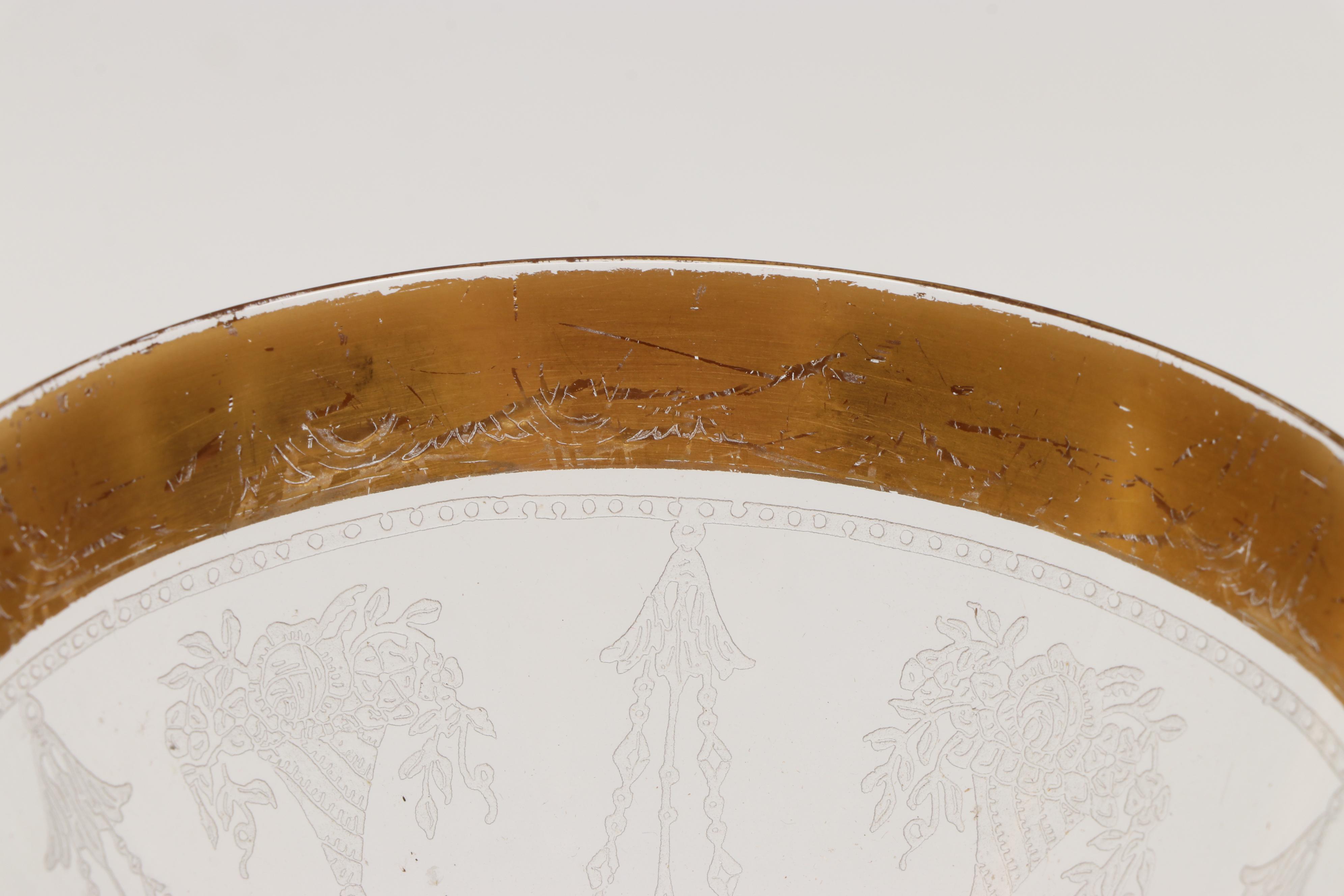 Engraved Gilt Edge Glass Compote Bowl, Wine Glasses and Other Serving Dishes