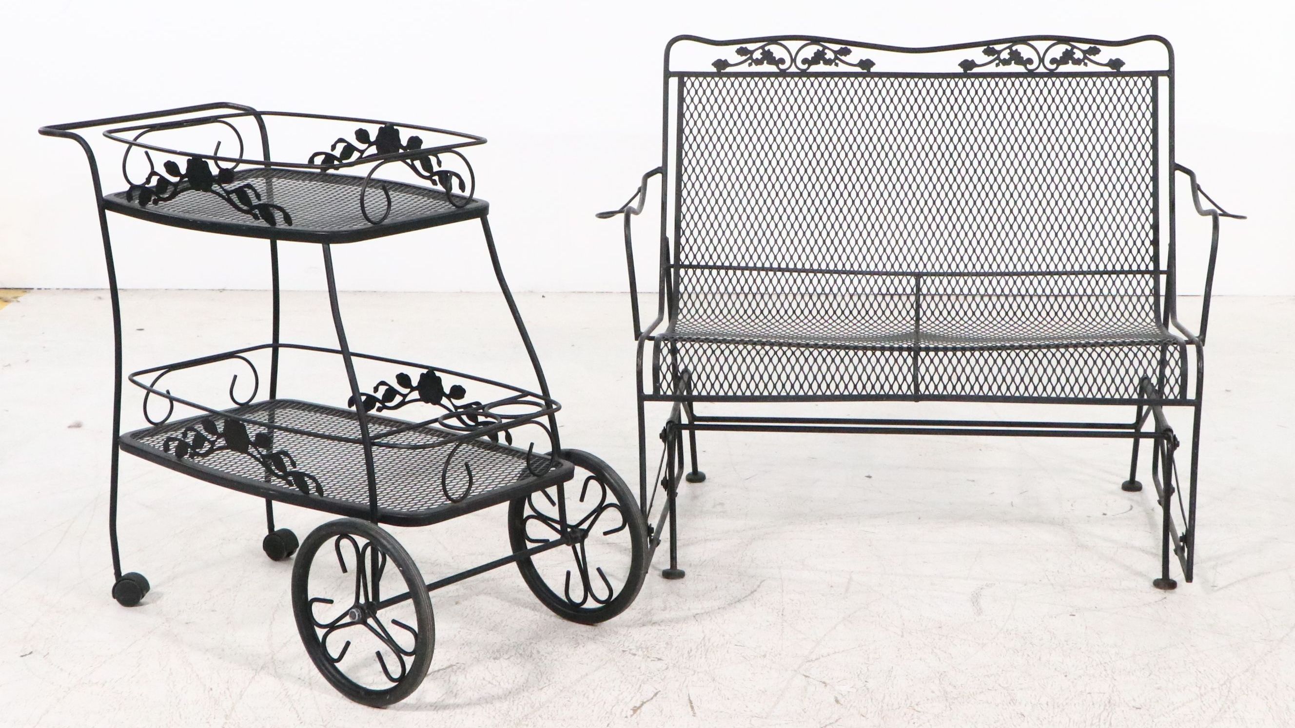 Wrought Iron and Mesh Patio Bar Cart and Loveseat Glider Bench