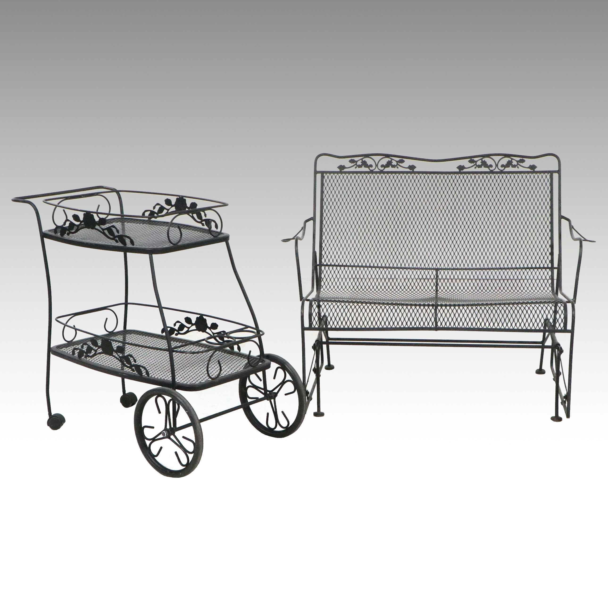 Wrought Iron and Mesh Patio Bar Cart and Loveseat Glider Bench