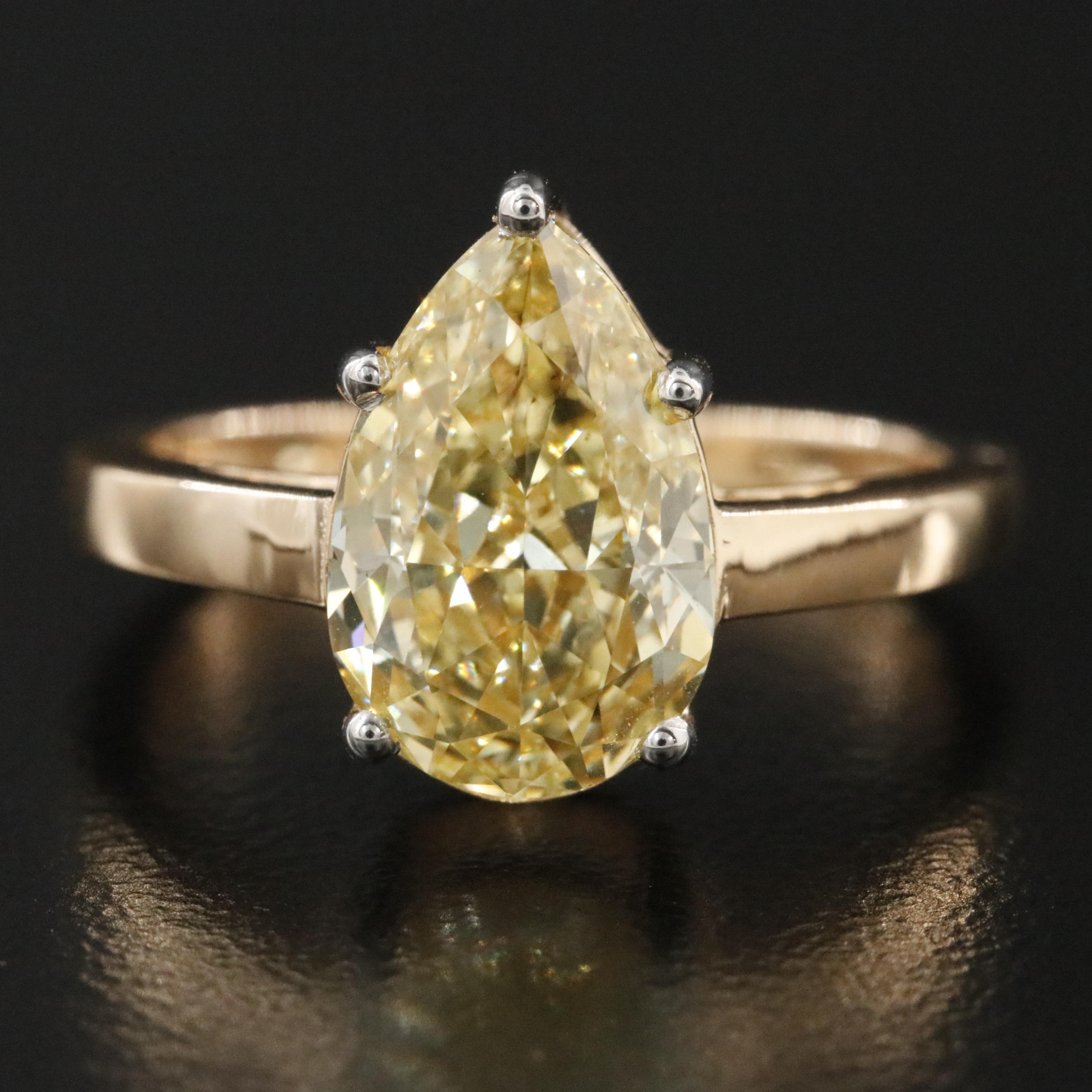 18K 3.04 CTW Lab Grown Fancy Yellow Diamond Solitaire Ring with IGI Report